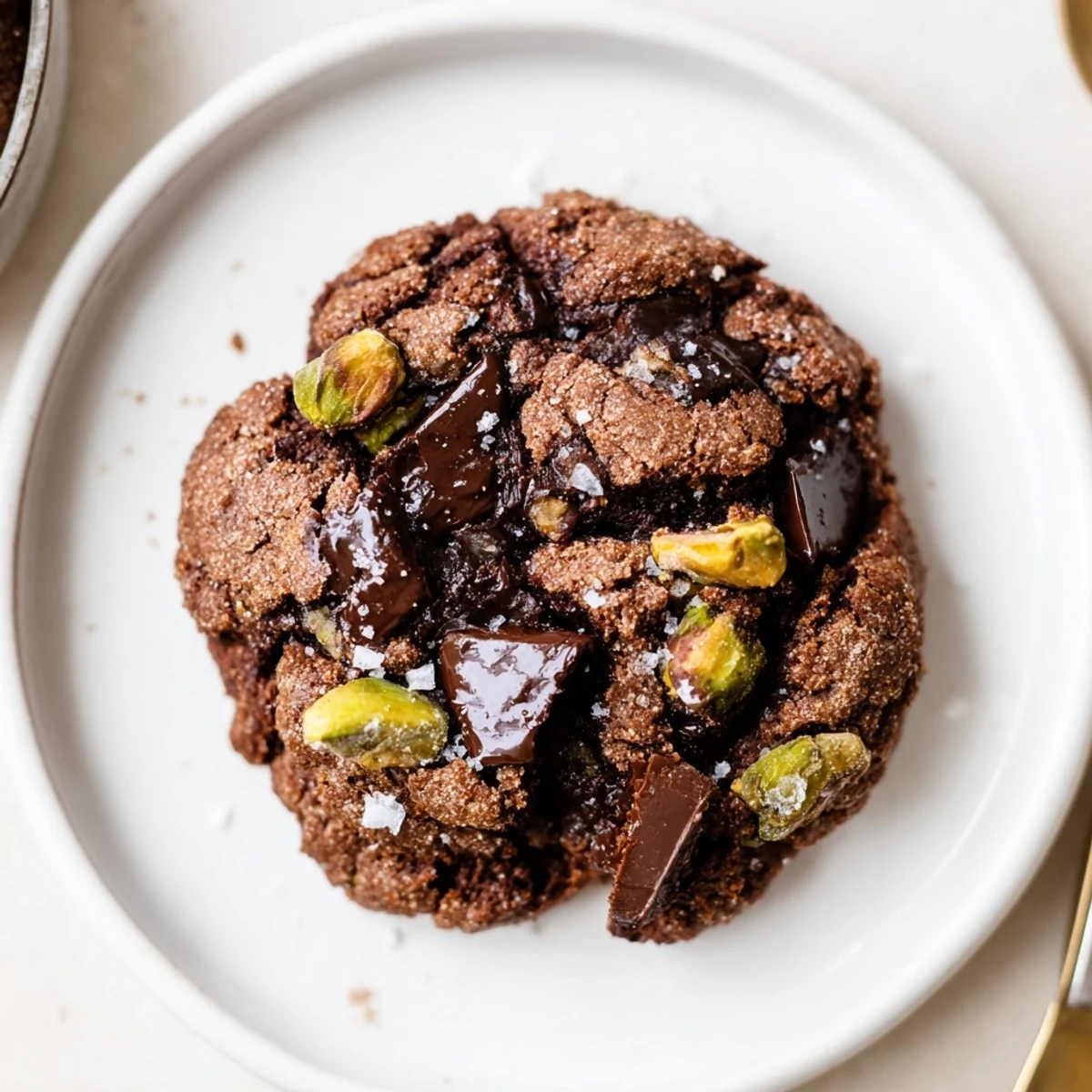 Plate of Gluten-Free Espresso Chocolate Pistachio Butter Cookies beside steaming cup of coffee.