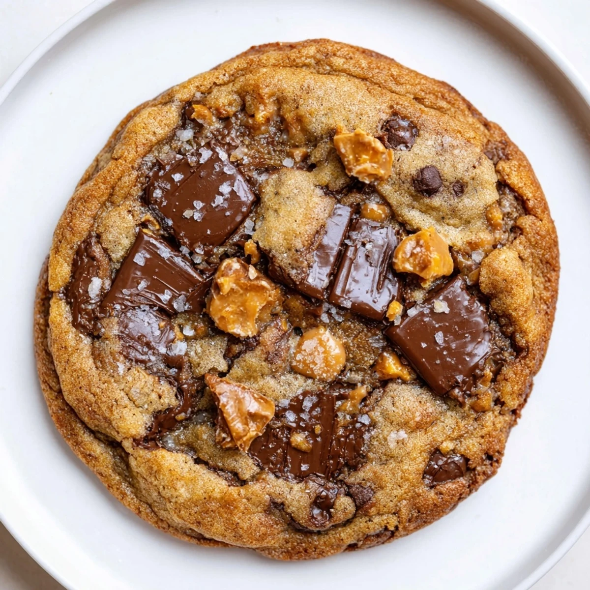 Brown Butter Salted Toffee Honey Chocolate Chip Cookies with flaky sea salt, gooey centers