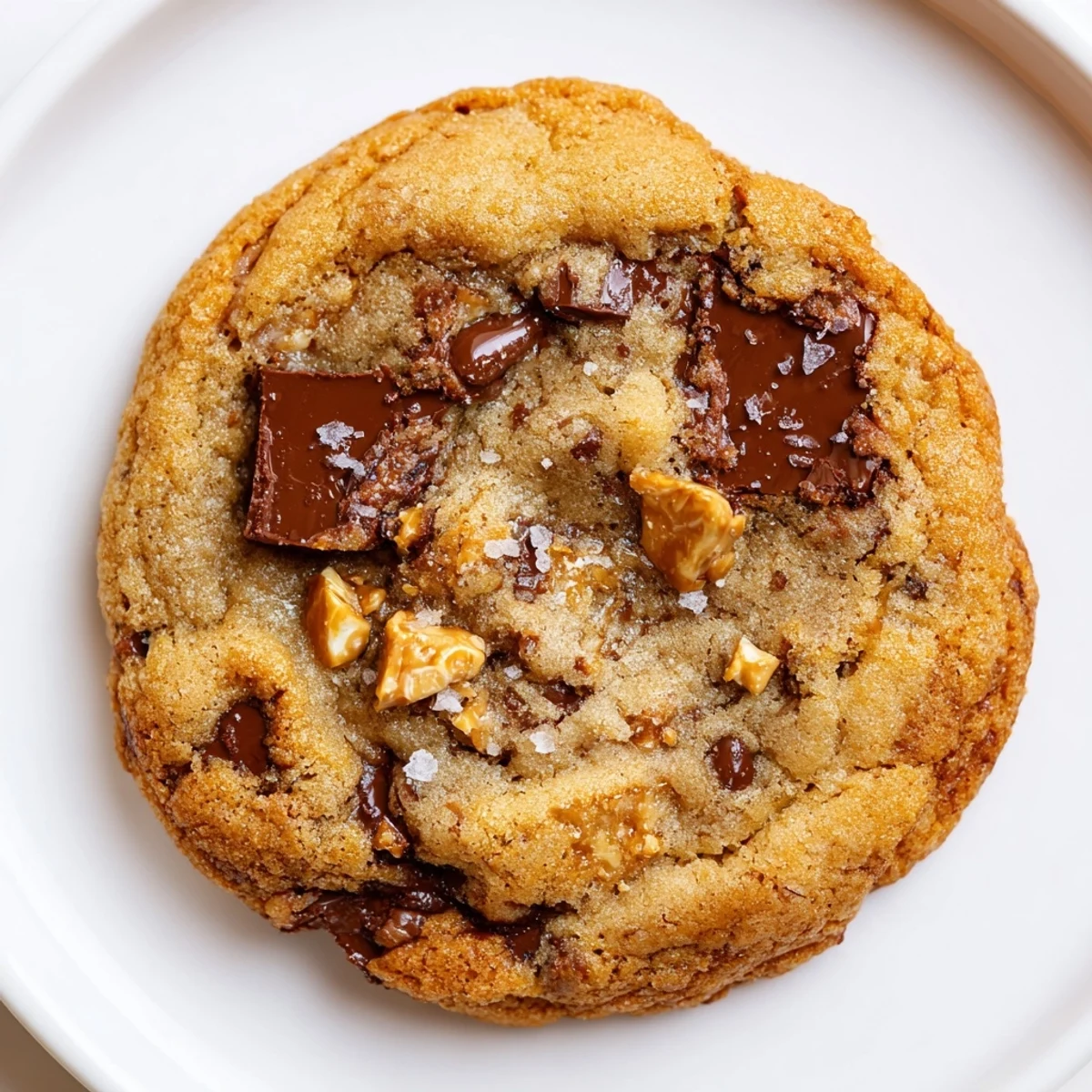 Freshly baked Brown Butter Salted Toffee Honey Chocolate Chip Cookies cooling on rack