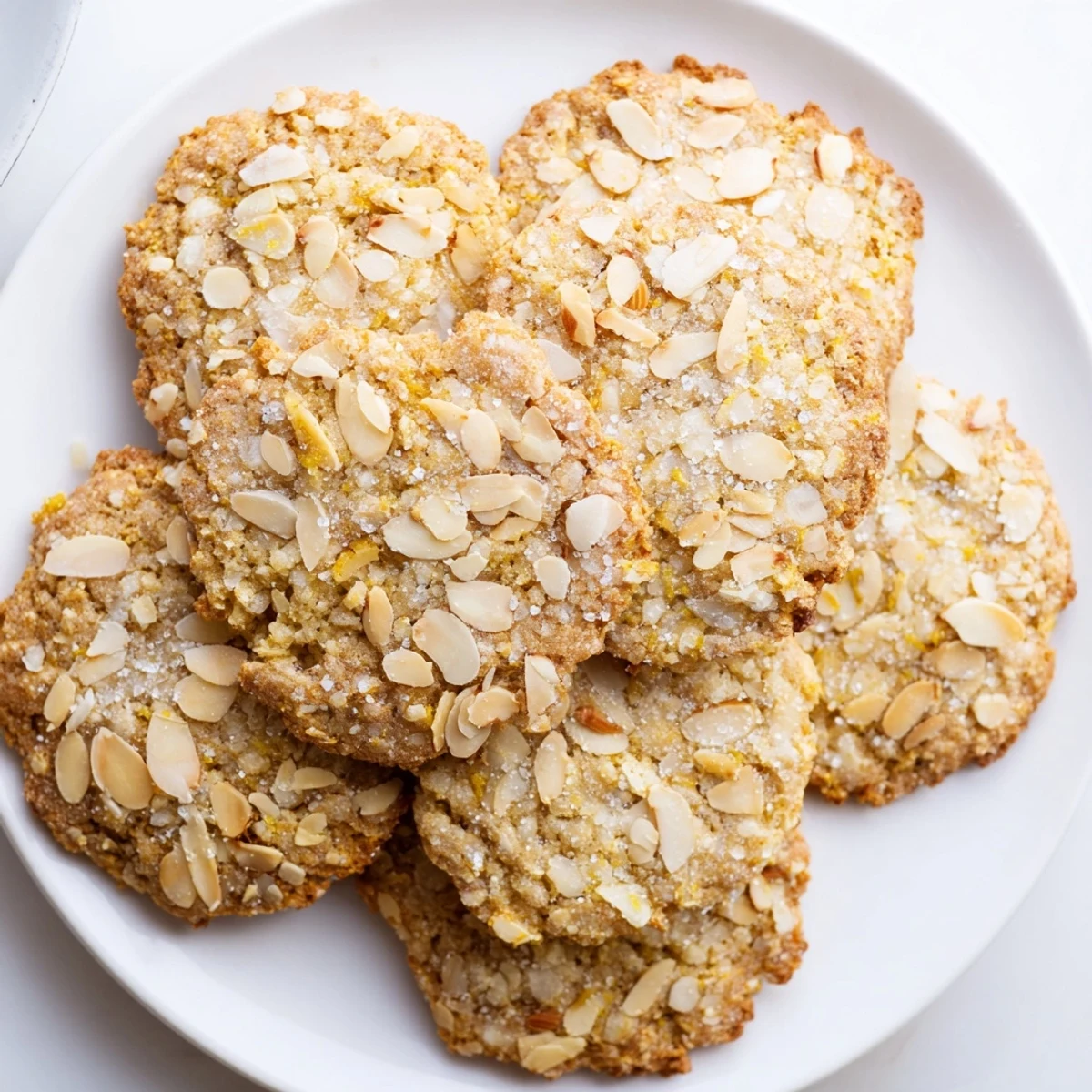 A plate of Gluten-Free Lemon Almond Crunch Cookies, crunchy, zesty, lightly sugared