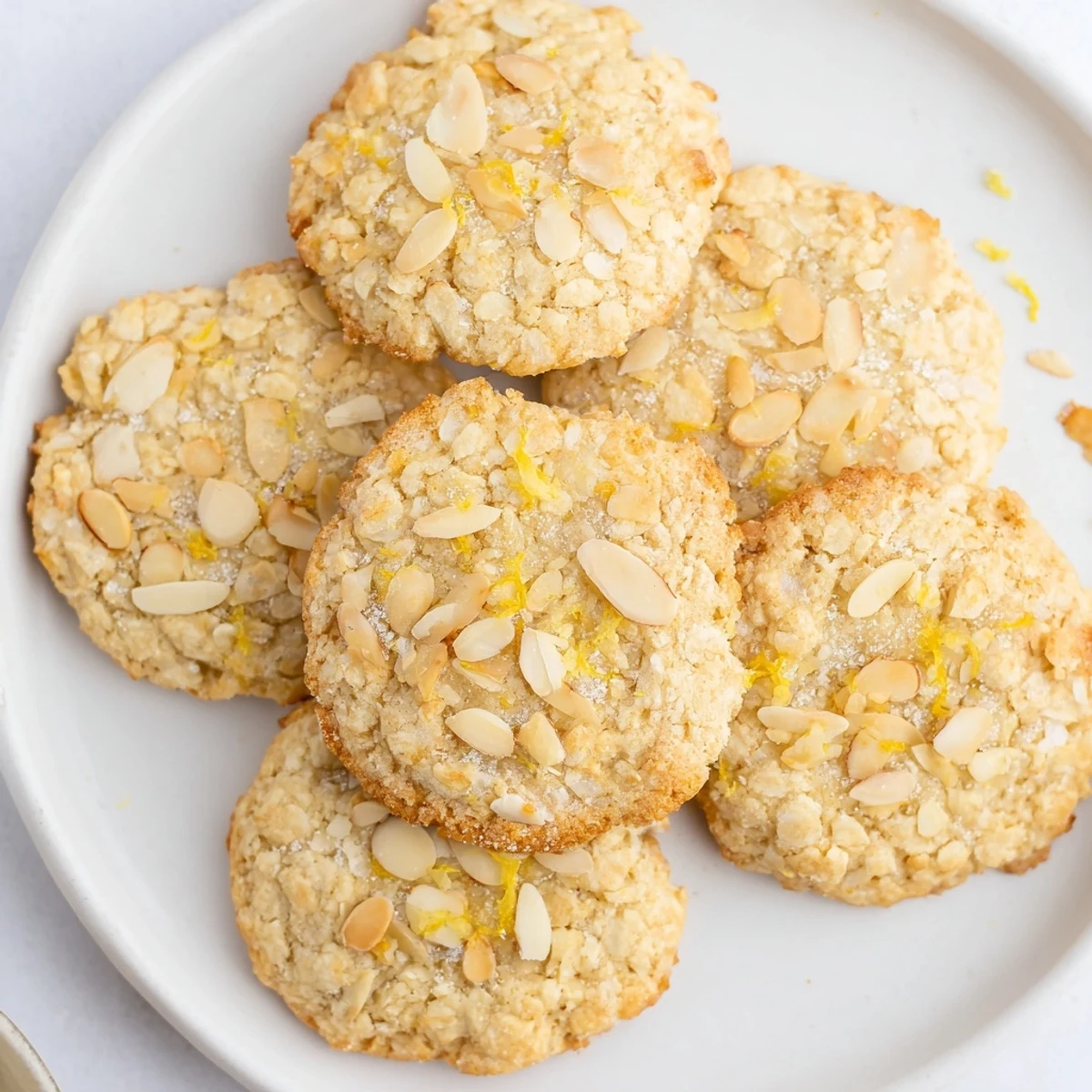 Warm Gluten-Free Lemon Almond Crunch Cookies stacked on plate for tea