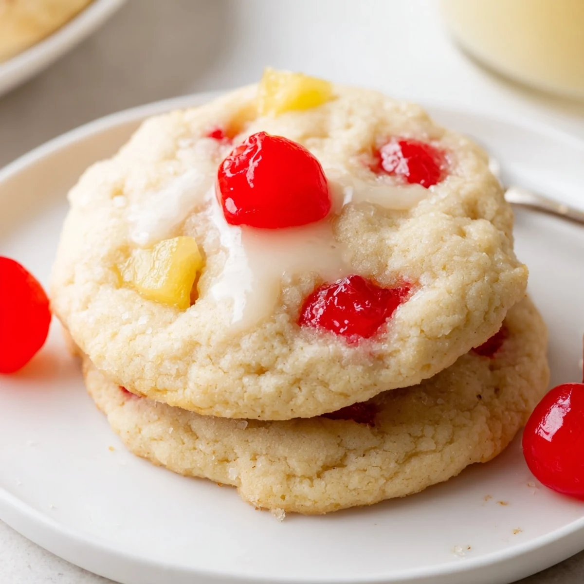 Vegan Pineapple Cherry Cream Sugar Cookies on parchment, glazed, golden edges.