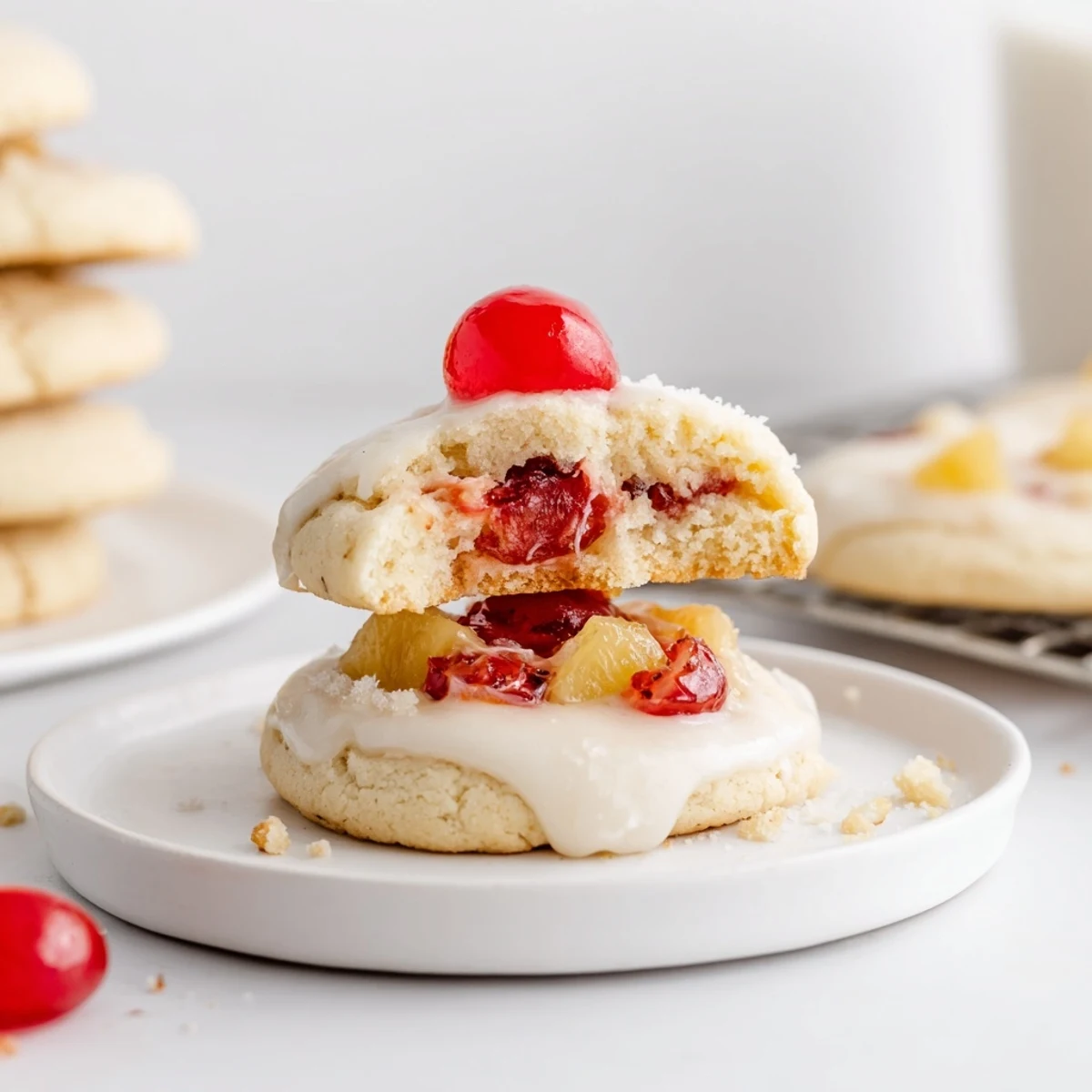 A stack of Vegan Pineapple Cherry Cream Sugar Cookies, fruity aroma, creamy glaze.