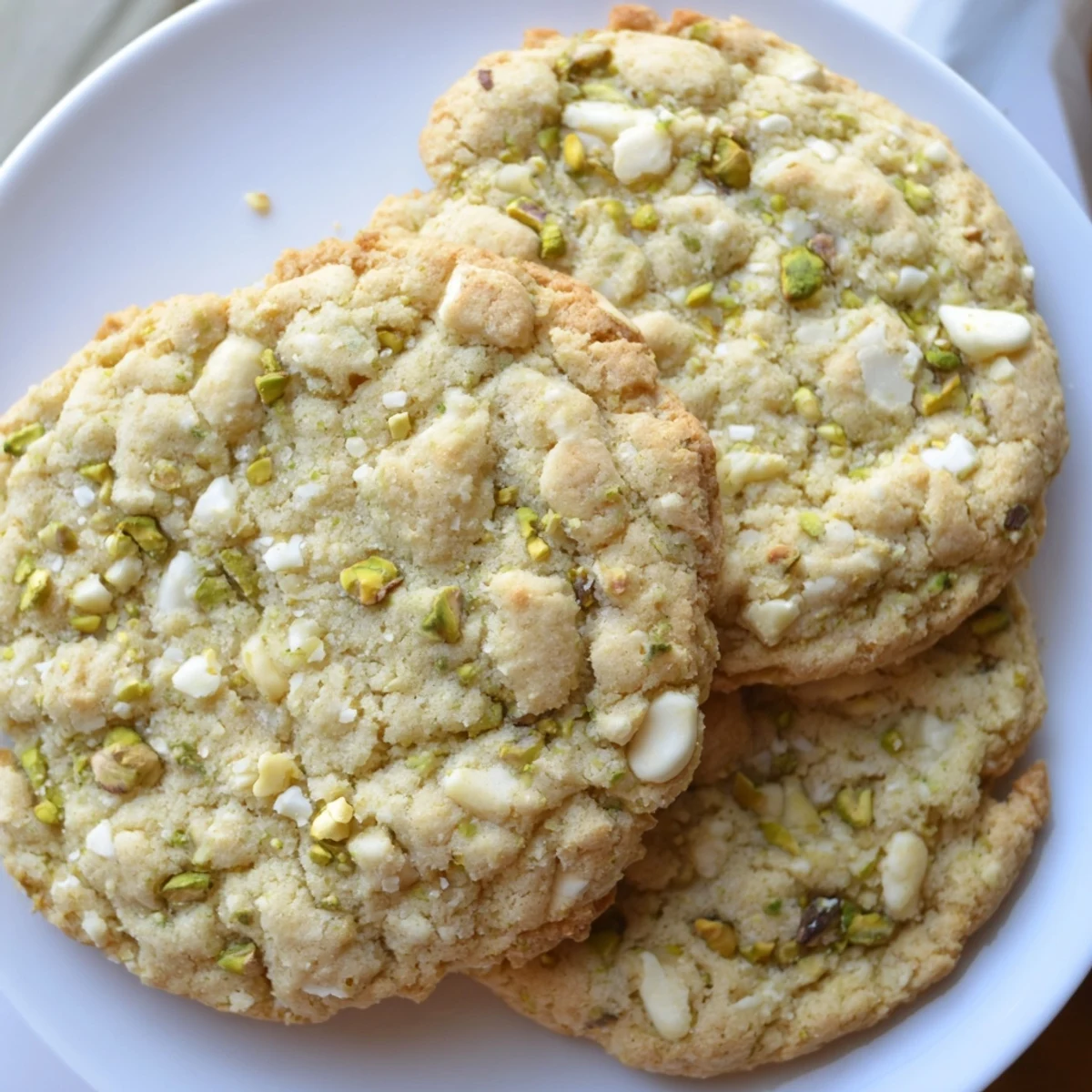 Golden gluten-free lemon pistachio crunch cookies fresh from the oven on parchment paper
