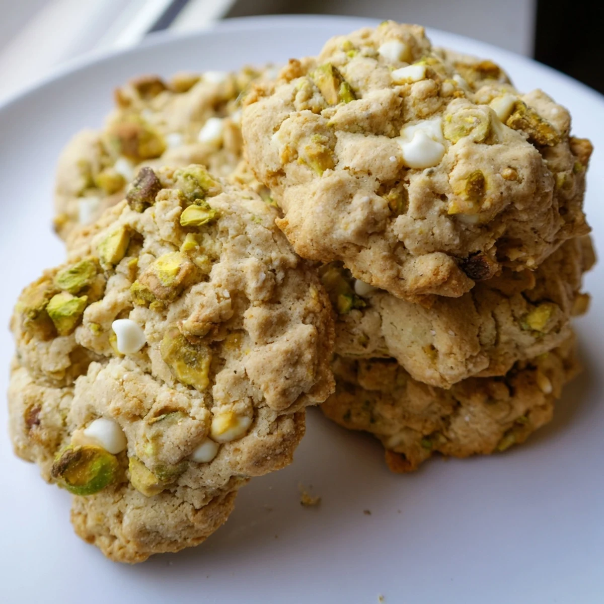 Gluten-free lemon pistachio crunch cookies topped with chopped nuts and white chocolate chips