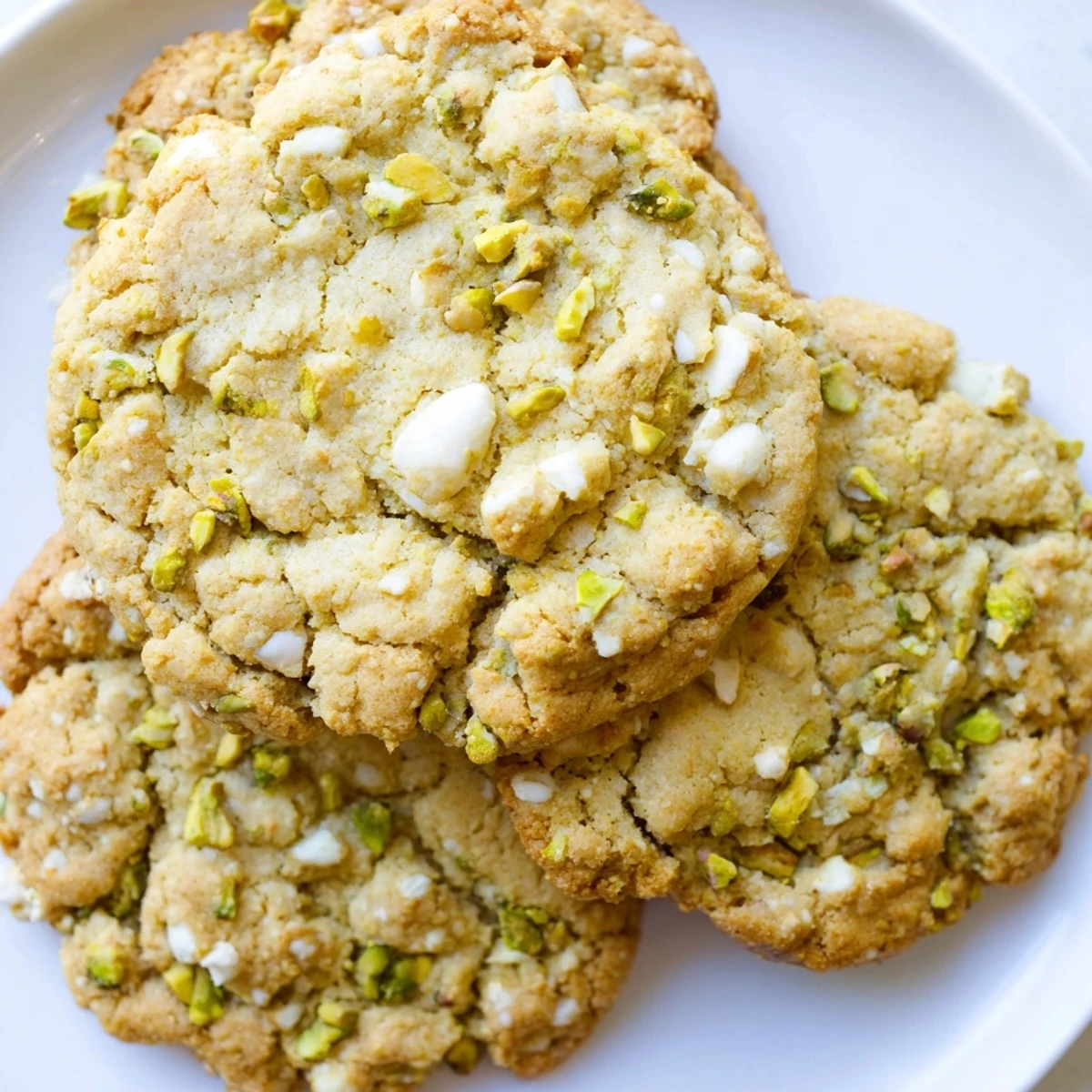 A plate of chewy gluten-free lemon pistachio crunch cookies dusted with bright lemon zest