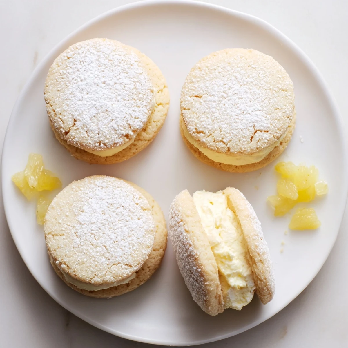 Golden vegan pineapple vanilla cream sugar cookies stacked with fluffy tropical filling on a rustic plate