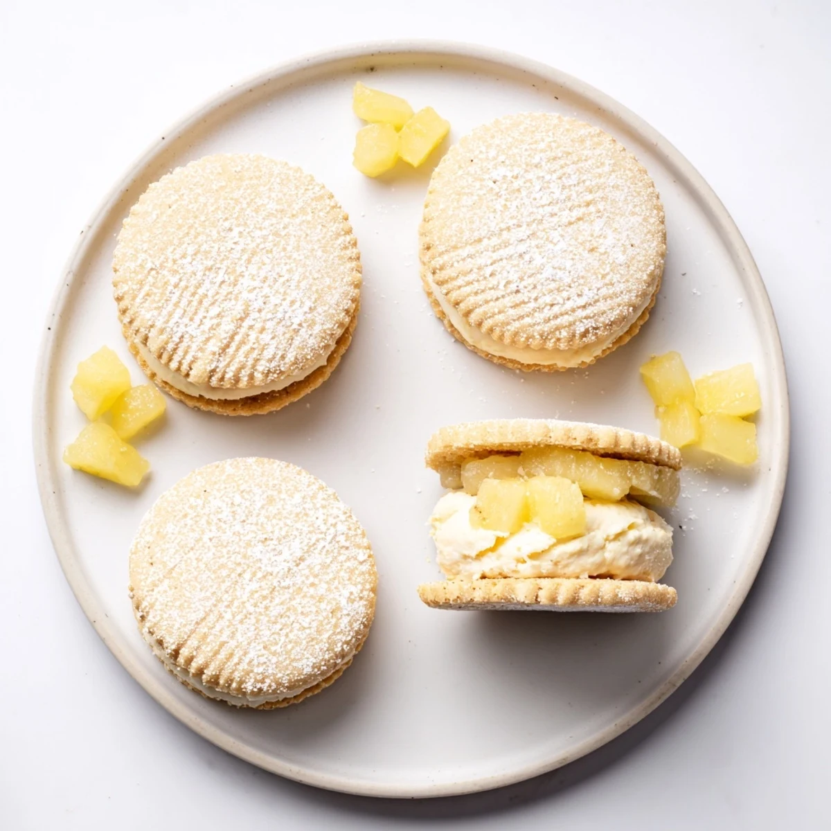 Dairy-free vegan pineapple vanilla cream sugar cookies sandwiched with sweet tangy frosting served alongside tropical fruit