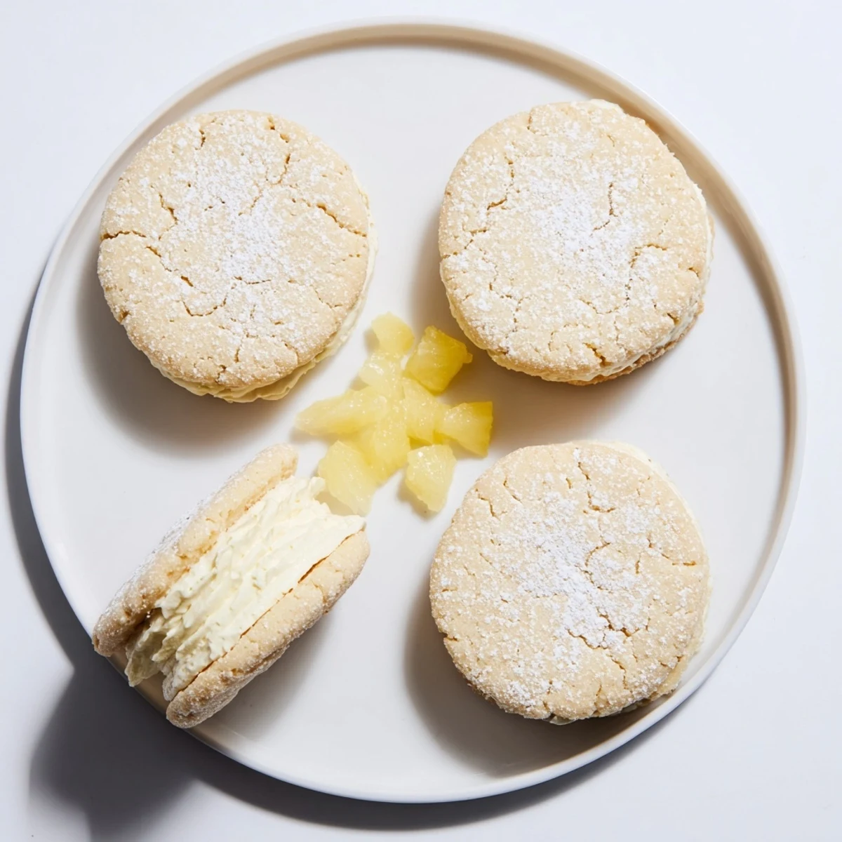 Soft chewy vegan pineapple vanilla cream sugar cookies with creamy centers dusted in powdered sugar