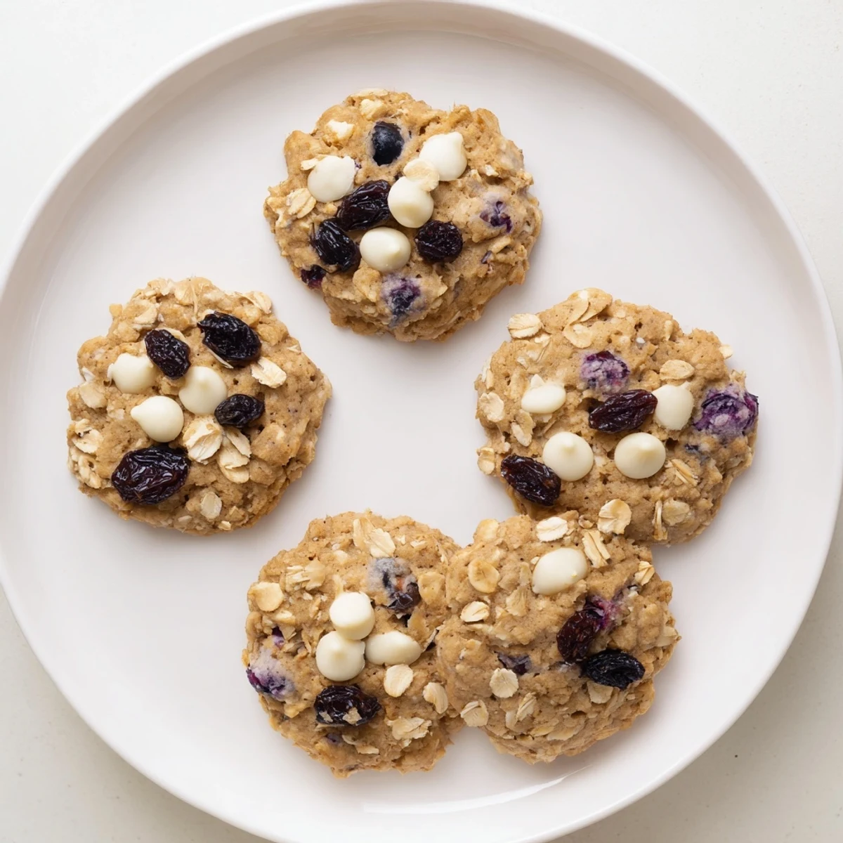 Soft vegan blueberry vanilla cream oatmeal raisin cookies fresh from the oven with golden edges.