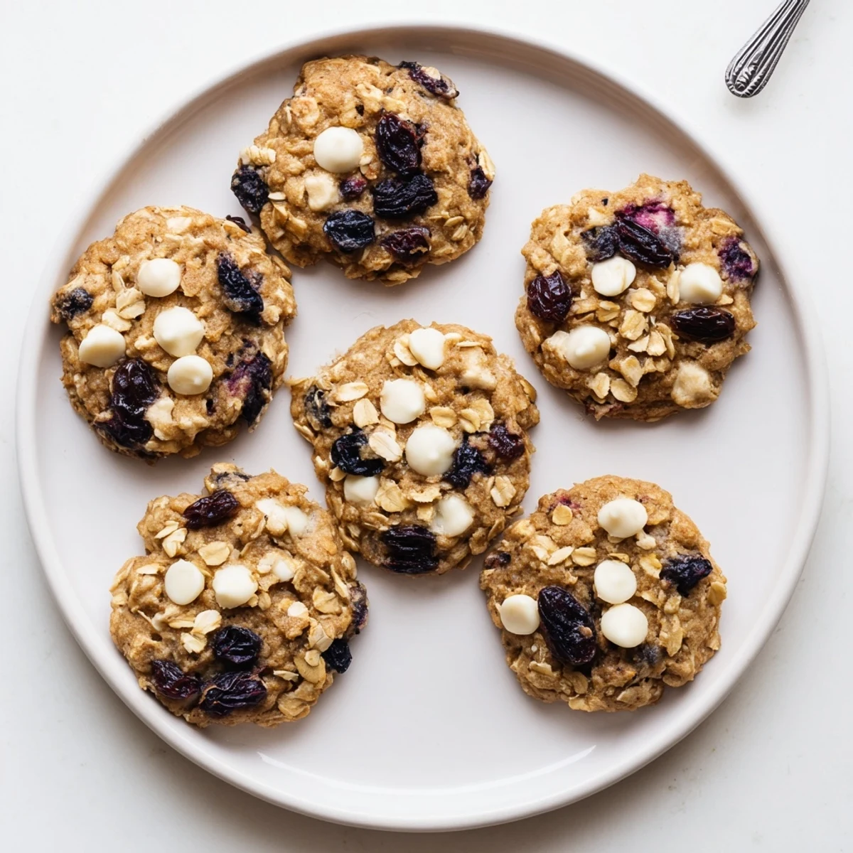 Chewy vegan blueberry vanilla cream oatmeal raisin cookies loaded with juicy fruit and creamy white chocolate chips.