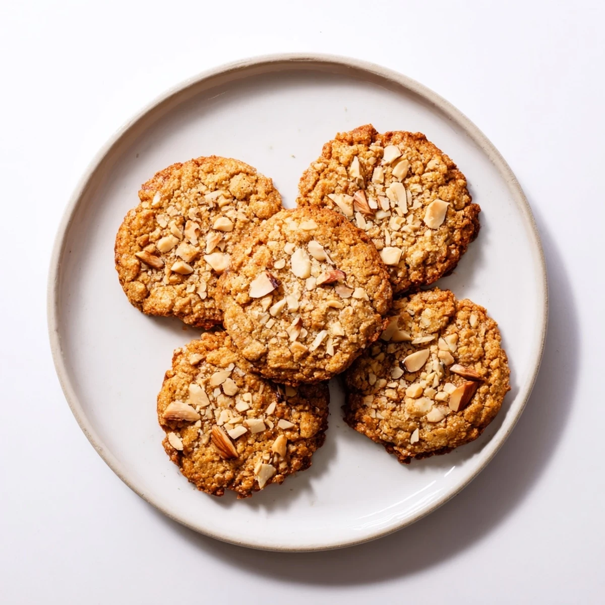 Golden keto maple almond butter crisp cookies topped with chopped roasted almonds on parchment