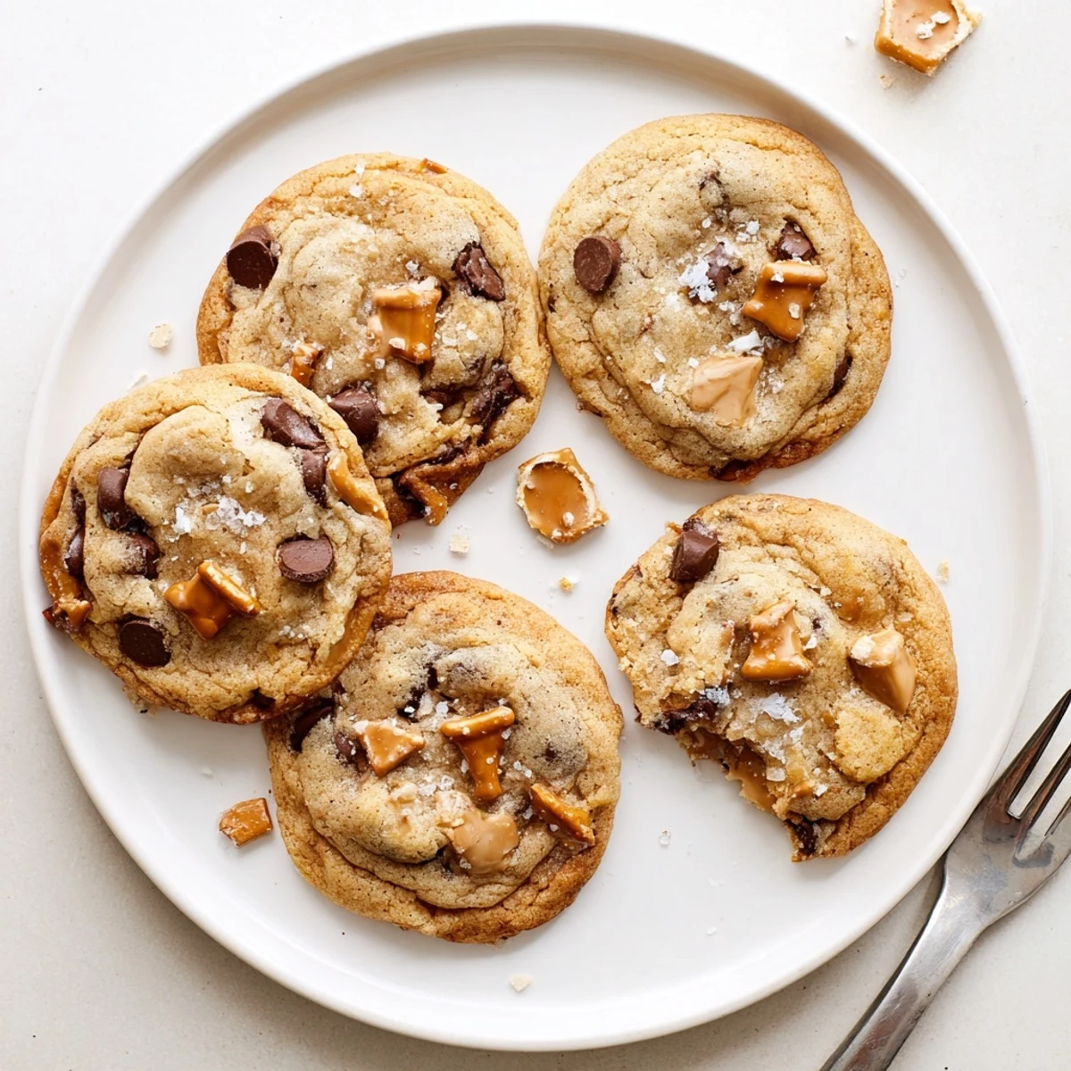 Thick brown butter salted caramel honey pretzel toffee chocolate chip cookies with melty chocolate pools