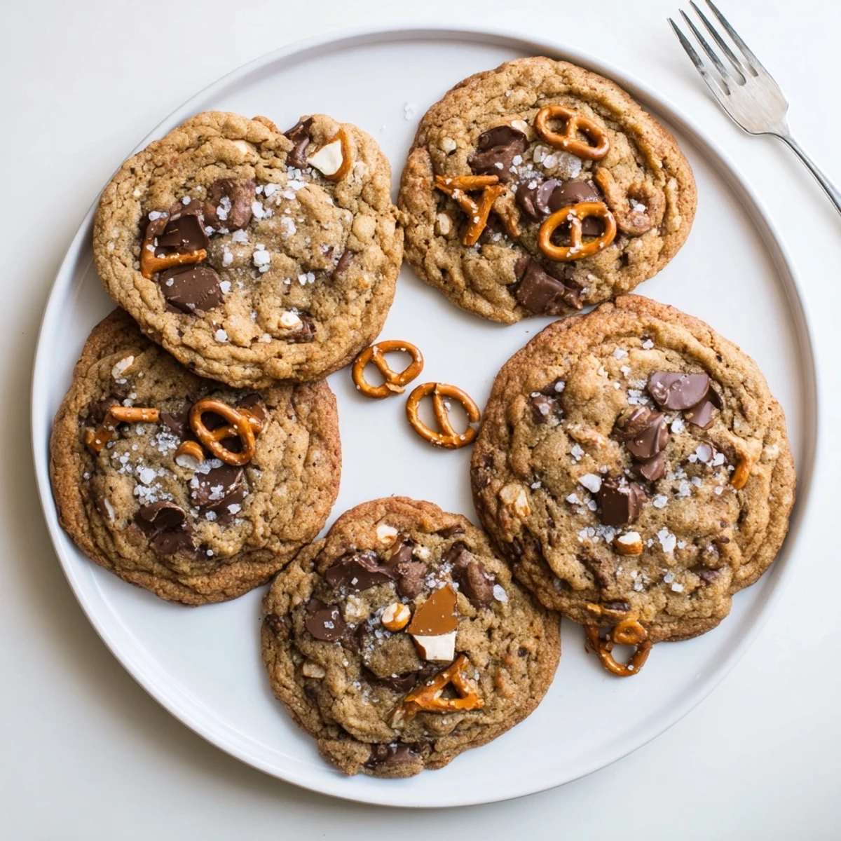 Gooey brown butter salted caramel honey pretzel toffee chocolate chip cookies on a rustic baking sheet