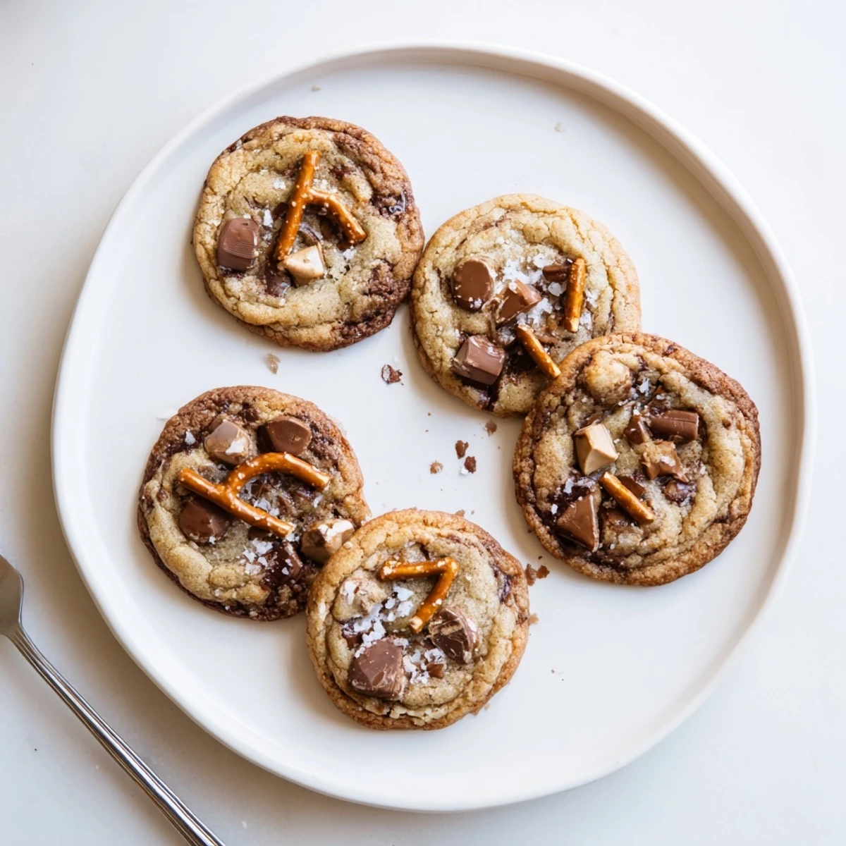 Golden brown butter salted caramel honey pretzel toffee chocolate chip cookies stacked on a wire rack