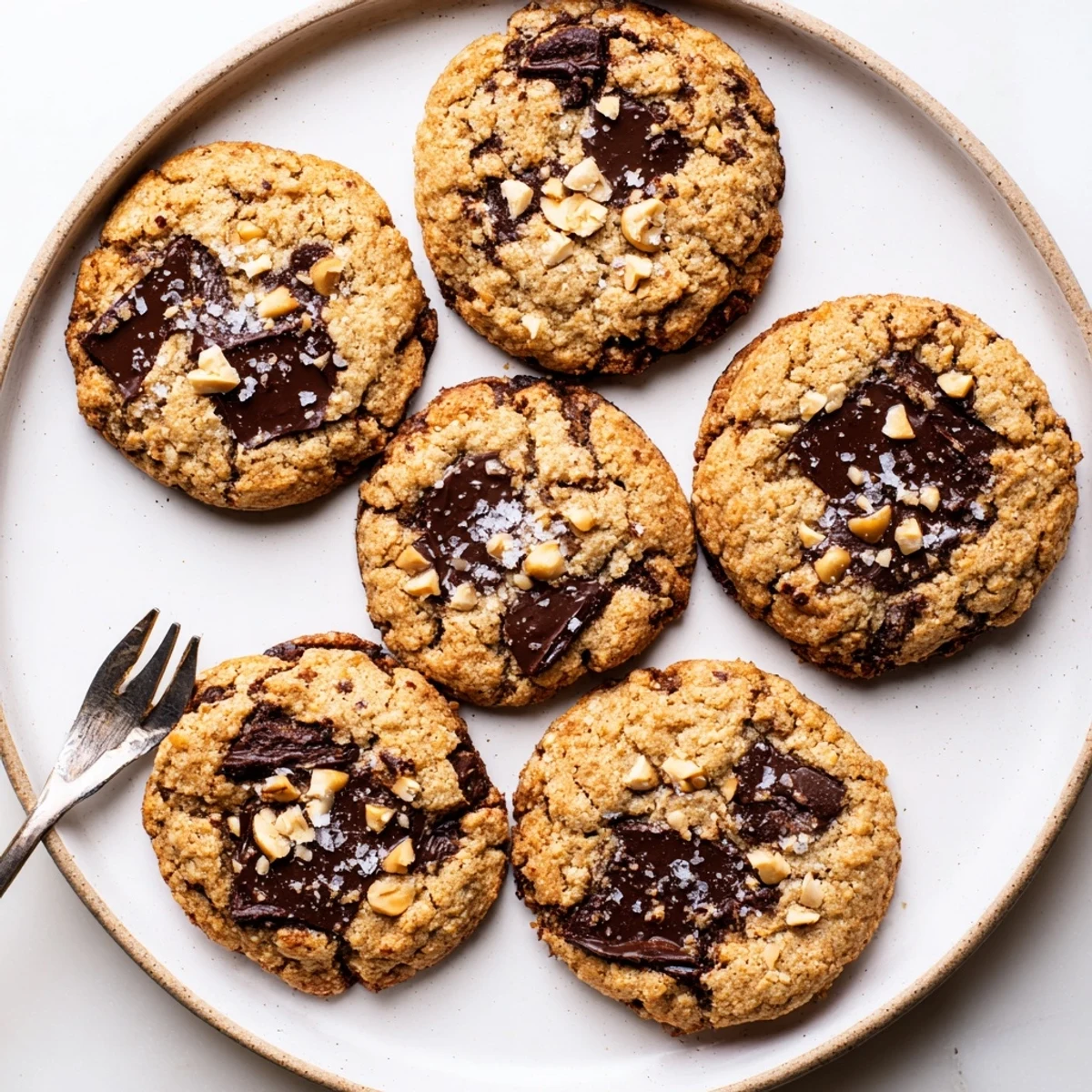 Crispy gluten-free dark chocolate hazelnut butter cookies studded with melted chocolate chunks on a rustic baking sheet