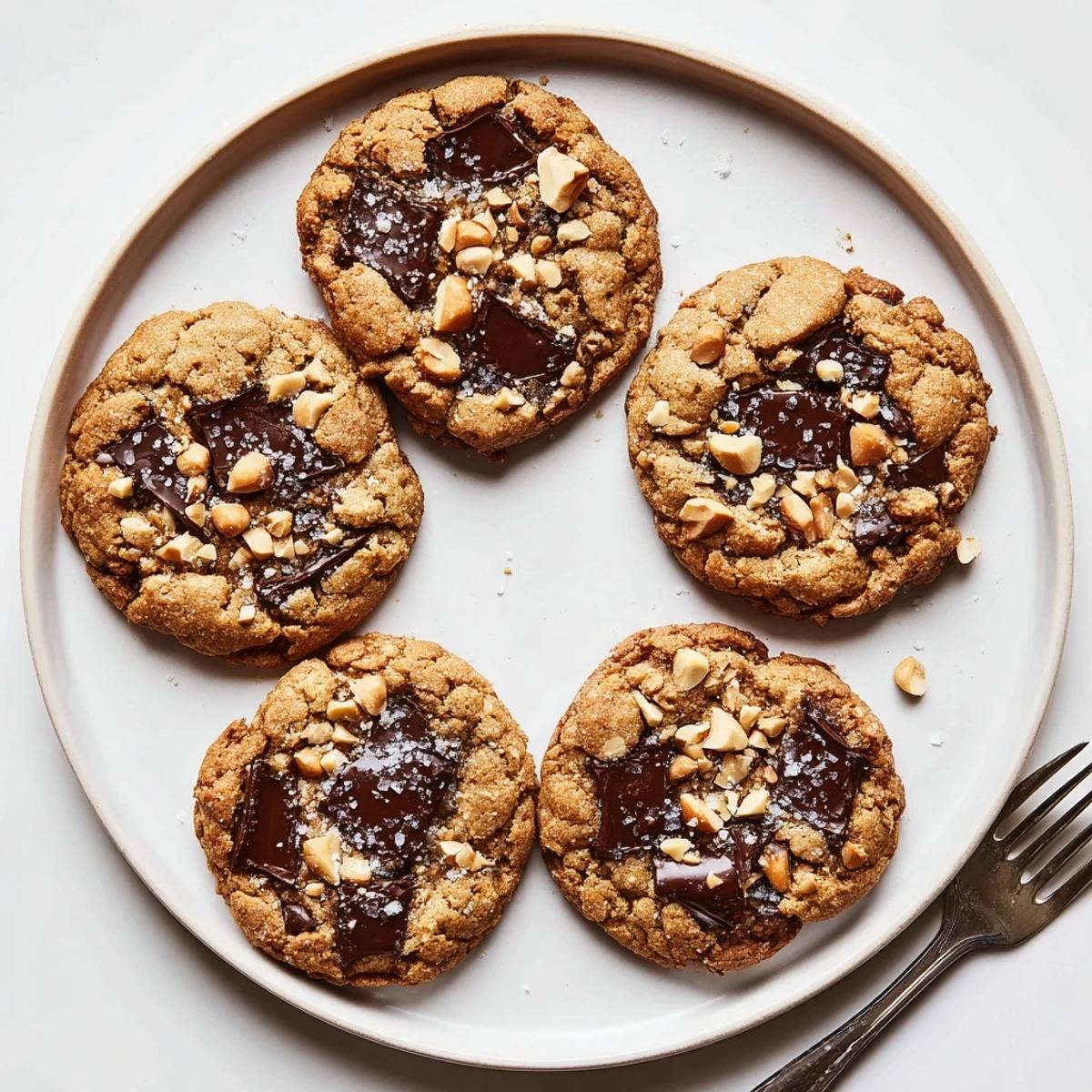 Golden-edged gluten-free dark chocolate hazelnut butter crisp cookies arranged on a wire cooling rack with scattered hazelnut pieces