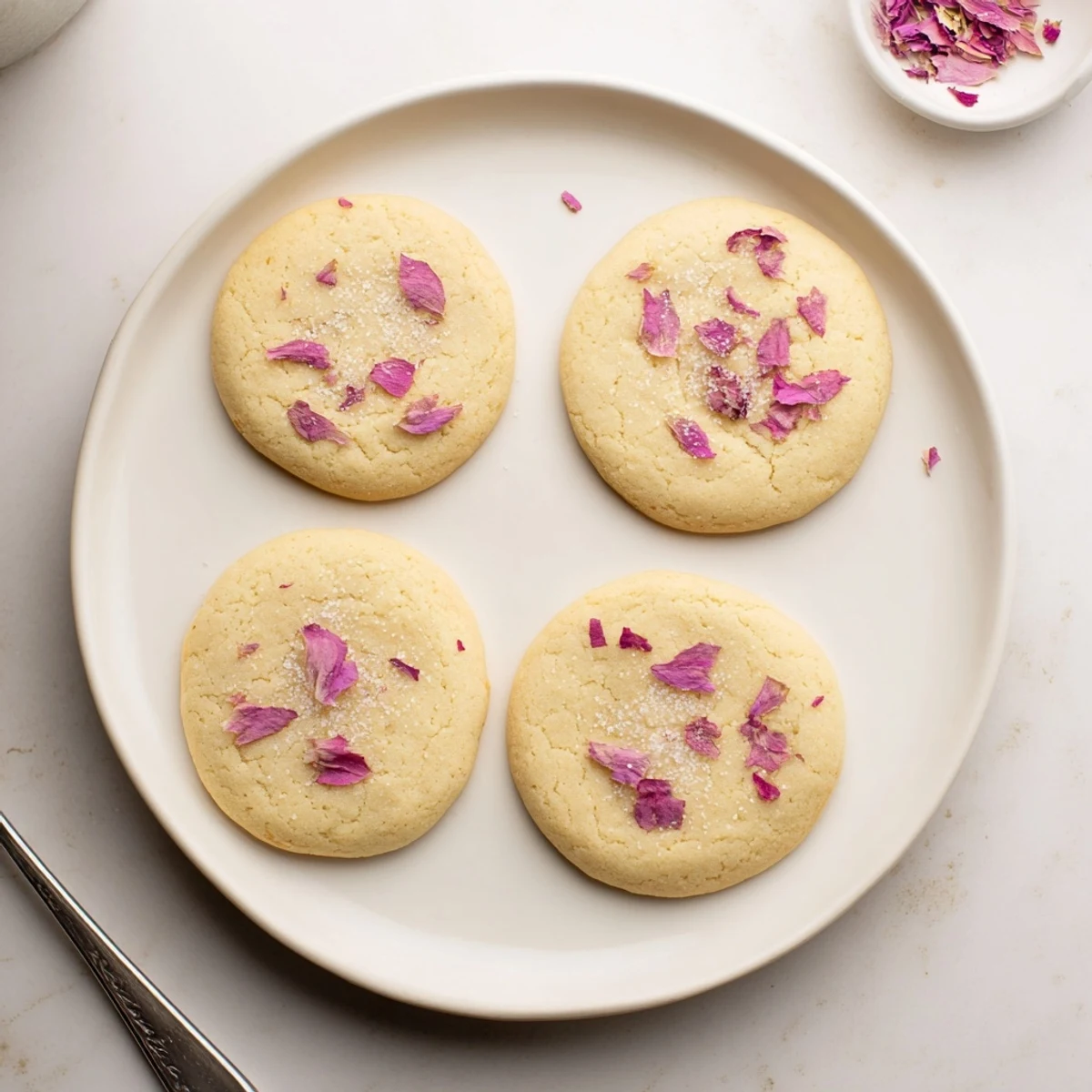 Delicate cherry blossom petals pressed into vegan vanilla sugar cookies dusted with sparkling sugar