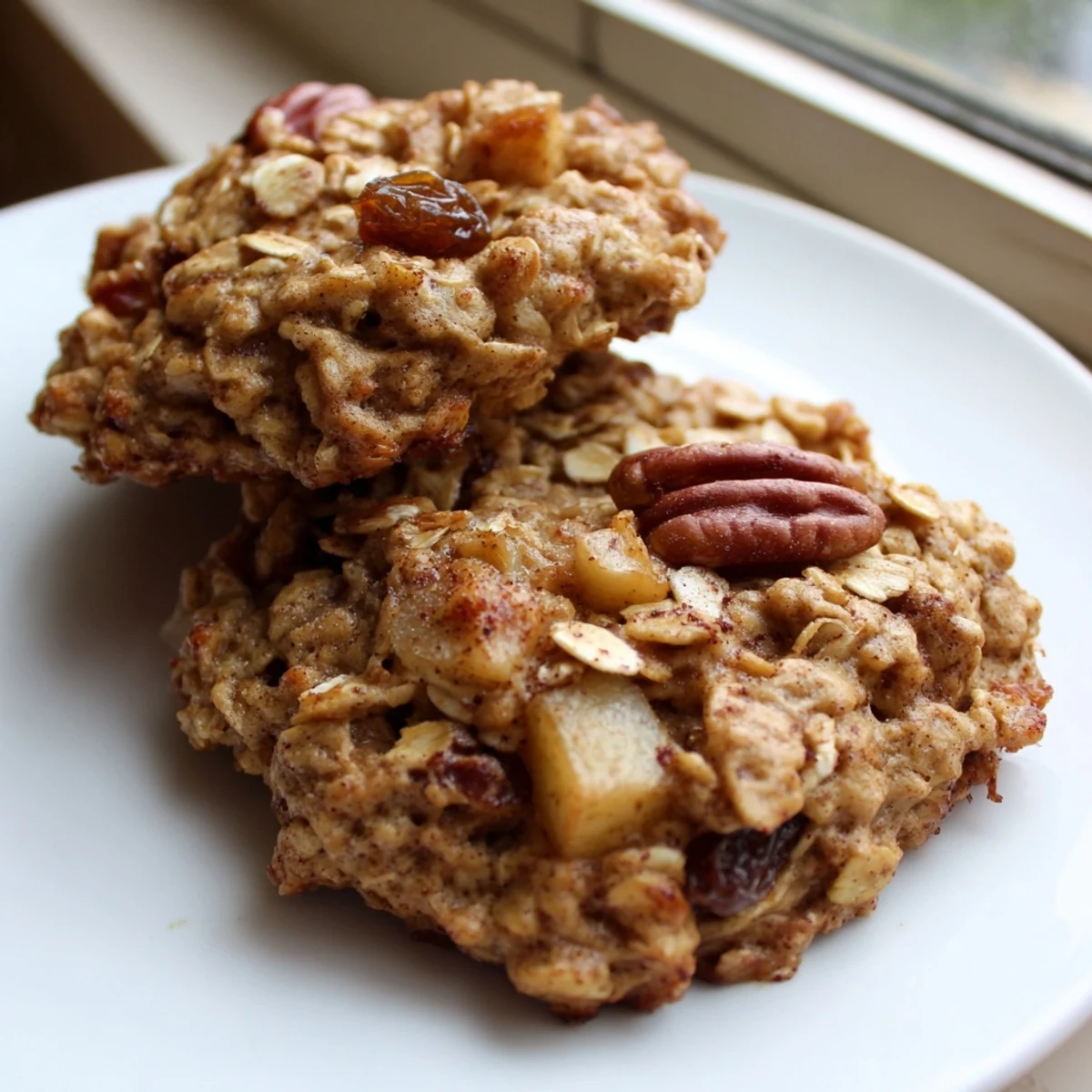 Golden apple cinnamon cardamom oatmeal raisin cookies cooling on a rustic wire rack