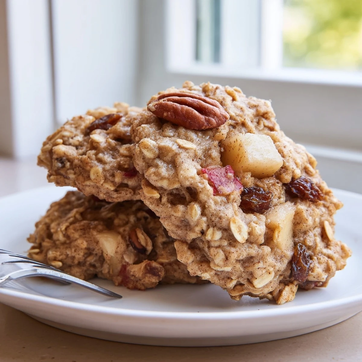 Chewy apple cinnamon cardamom oatmeal raisin cookies studded with plump raisins on parchment