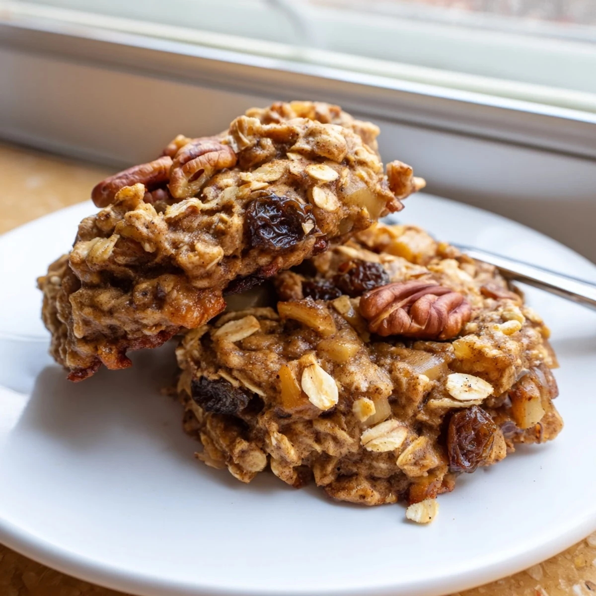 Freshly baked apple cinnamon cardamom oatmeal raisin cookies arranged on a white ceramic plate