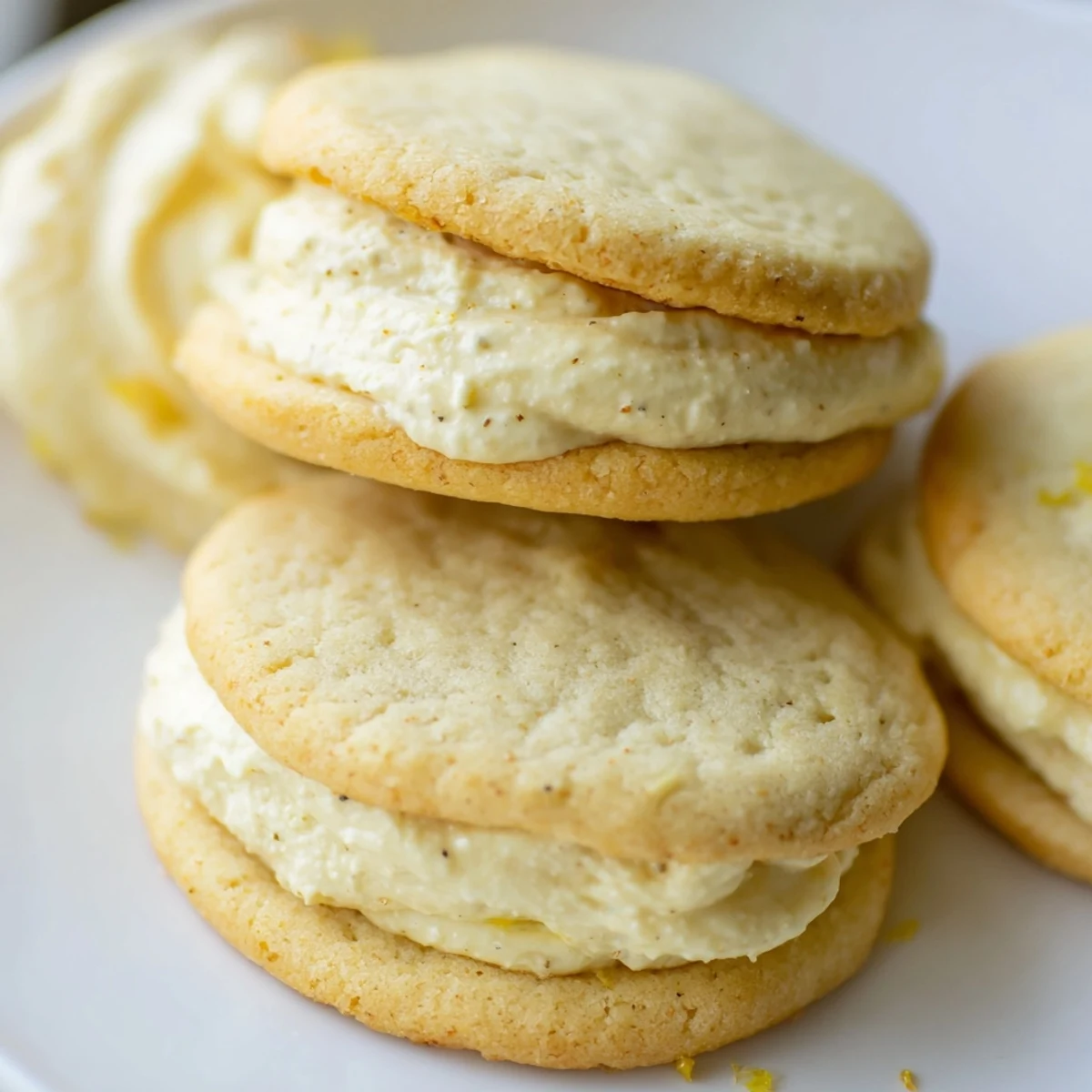 Golden vegan pineapple lemon cream sugar cookies stacked on a rustic parchment-lined baking sheet