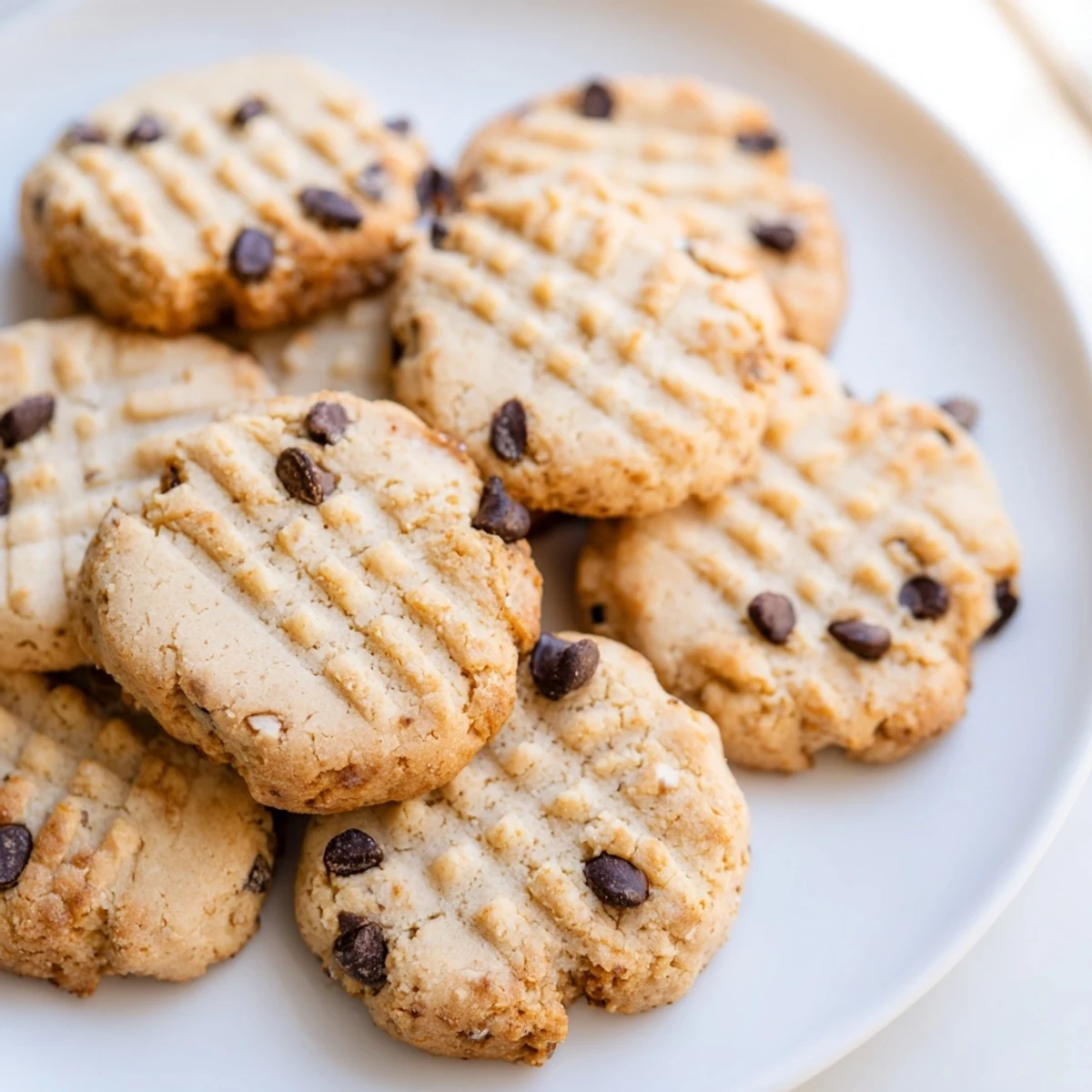 Plate of keto vanilla cashew butter crisp cookies studded with dark chocolate chips