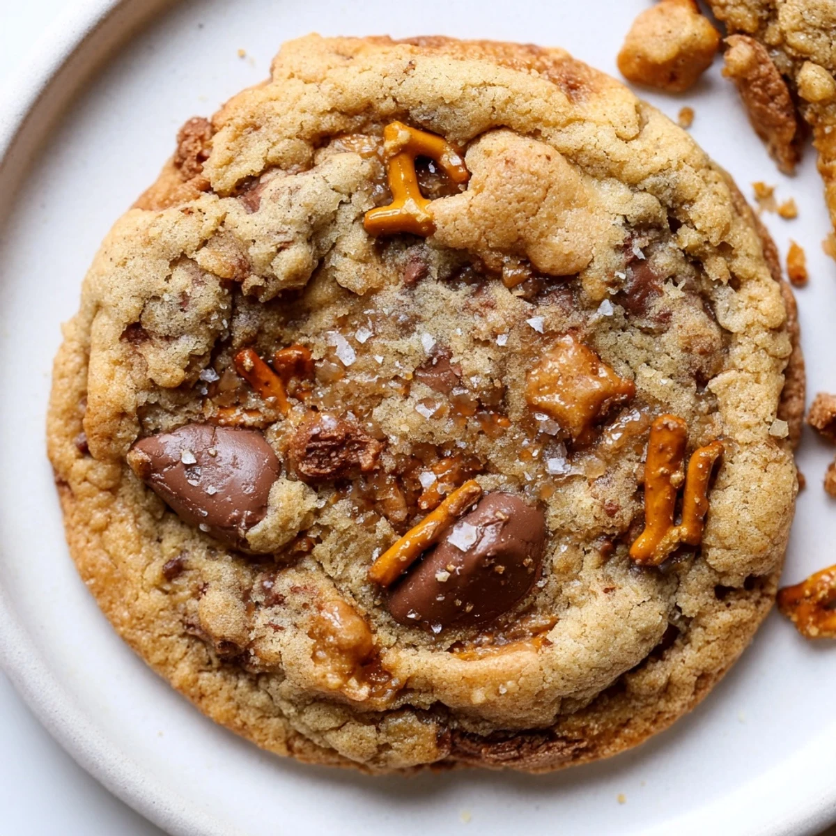 Golden brown butter salted honey pretzel toffee chocolate chip cookies with melty centers and flaky sea salt on top