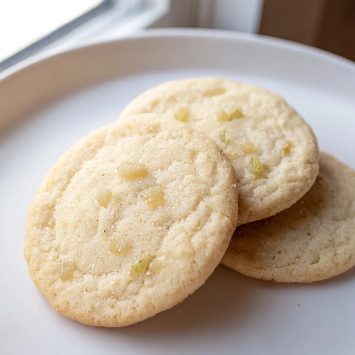 Soft vegan vanilla pear sugar cookies with golden edges cooling on a wire rack