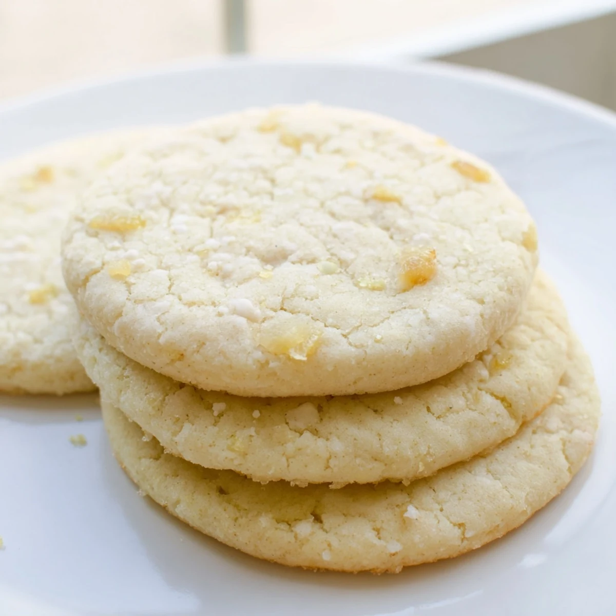 Delicate vegan vanilla pear sugar cookies arranged on a rustic white ceramic plate