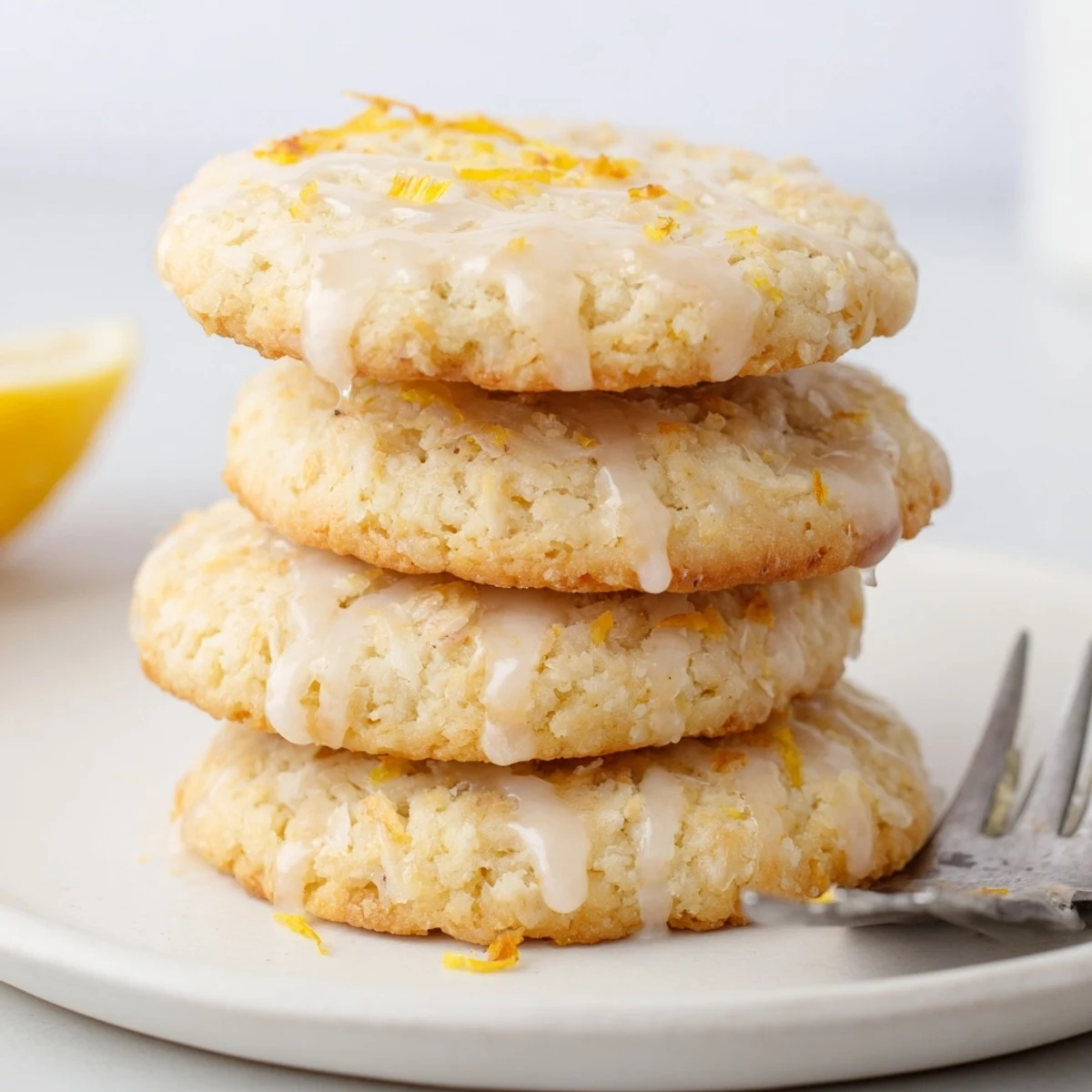Golden gluten-free lemon coconut crunch drizzle cookies on a rustic parchment-lined baking sheet.