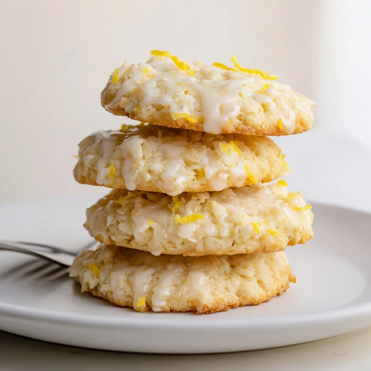 Chewy gluten-free lemon coconut crunch drizzle cookies with glossy citrus glaze, stacked on a cooling rack.