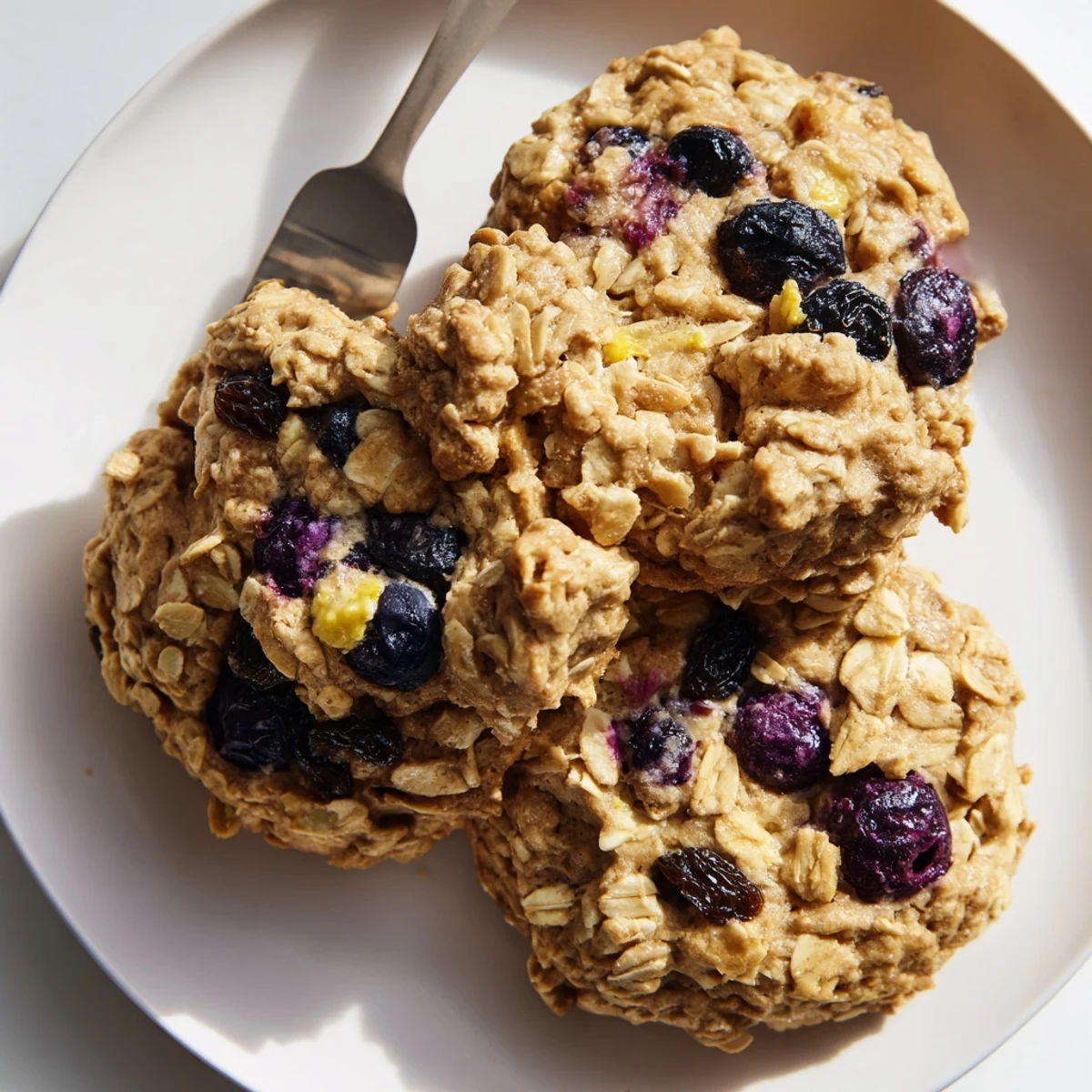Golden vegan blueberry lemon cream oatmeal raisin cookies with bursts of juicy berries on a rustic parchment-lined baking sheet