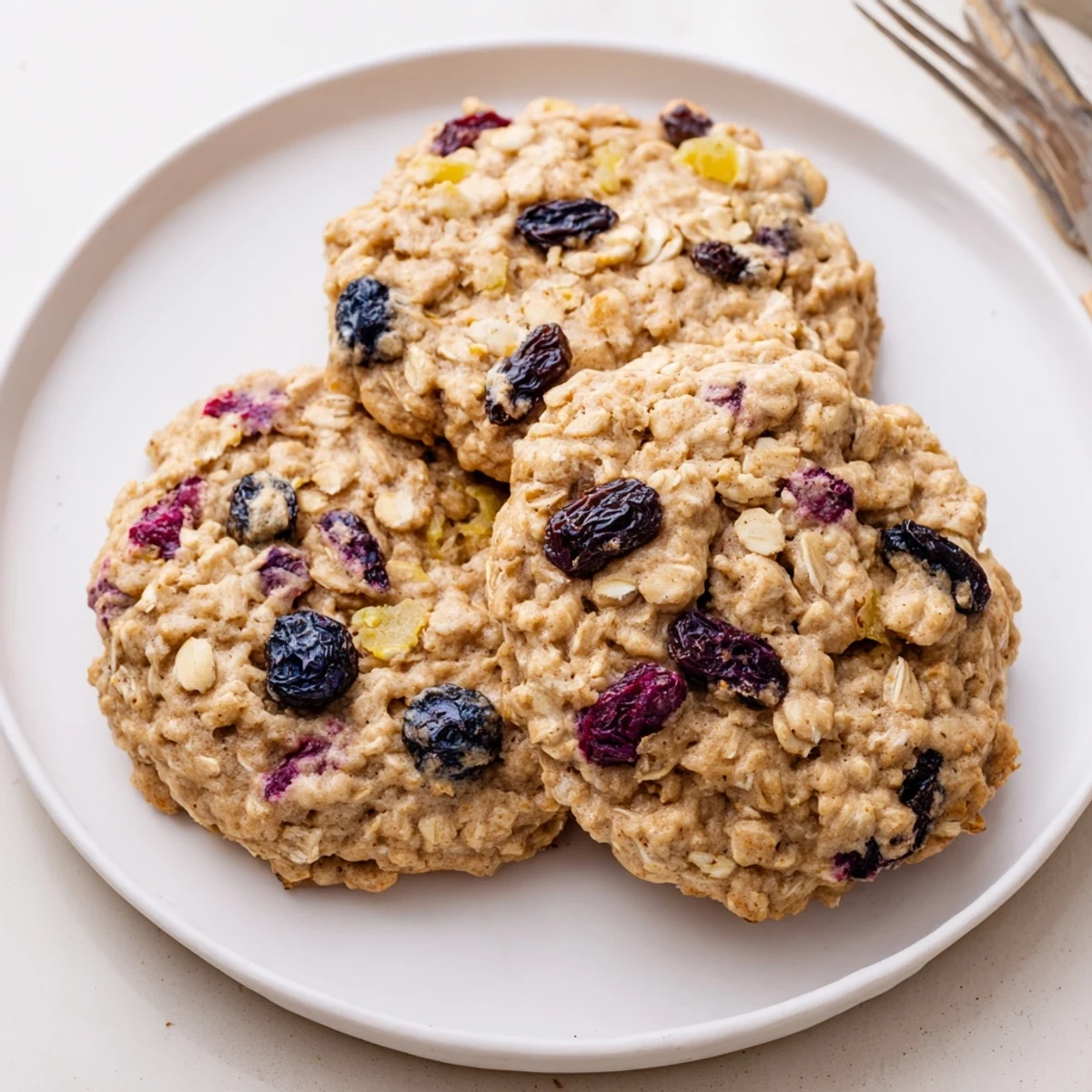 Soft chewy vegan blueberry lemon cream oatmeal raisin cookies stacked beside a tall glass of creamy oat milk