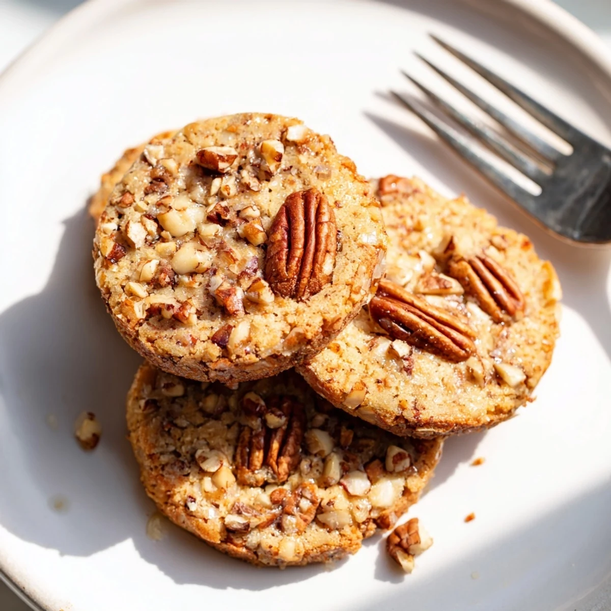 Golden keto maple pecan butter crisp cookies stacked on a rustic cooling rack