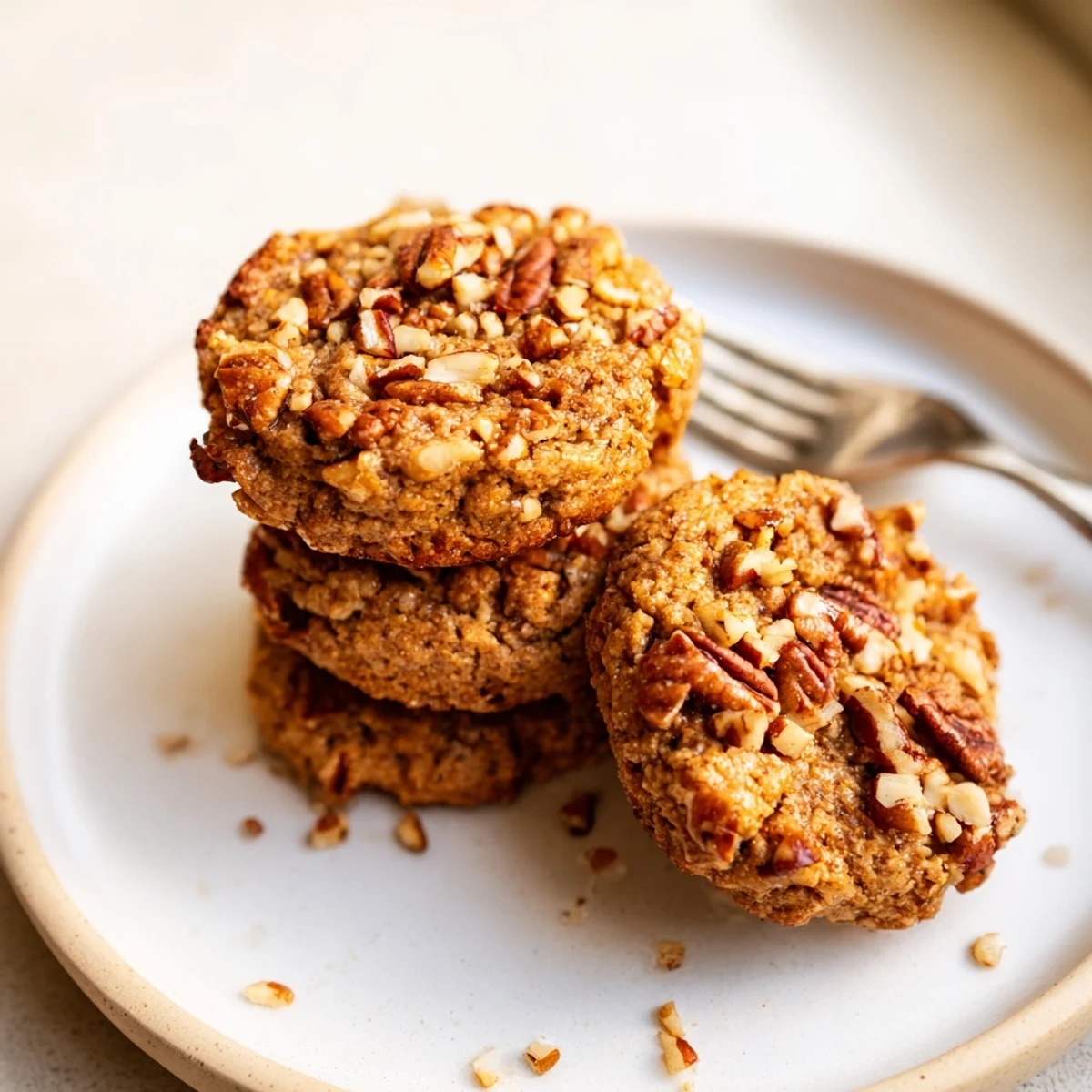 Close-up of keto maple pecan butter crisp cookies with chopped pecan topping