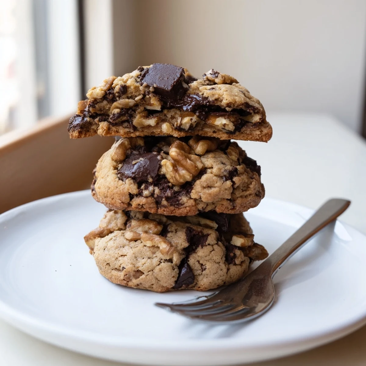Golden gluten-free dark chocolate walnut butter crisp cookies fresh from the oven on parchment paper.