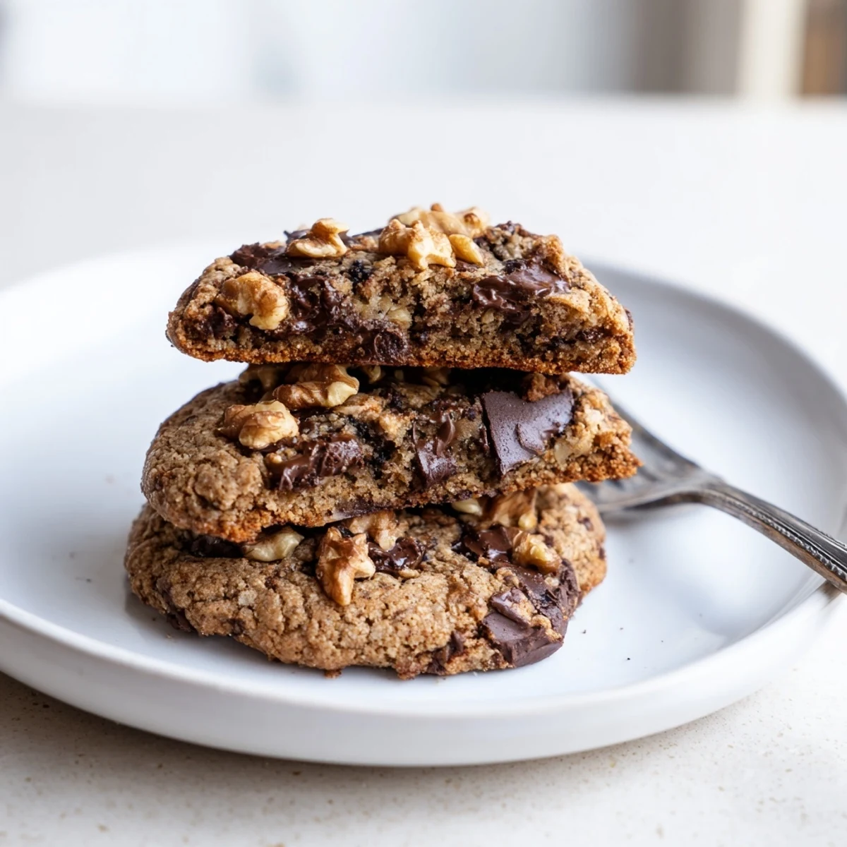 Close-up of gluten-free dark chocolate walnut butter crisp cookies with melted chocolate chunks and toasted walnuts.