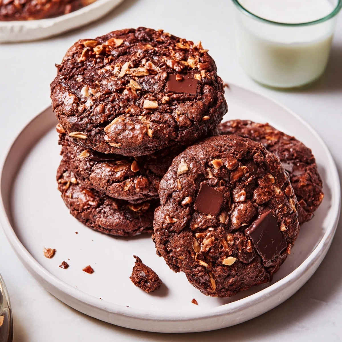 Chewy Gluten-Free Espresso Chocolate Almond Crunch Cookies stacked on a rustic plate beside steaming coffee