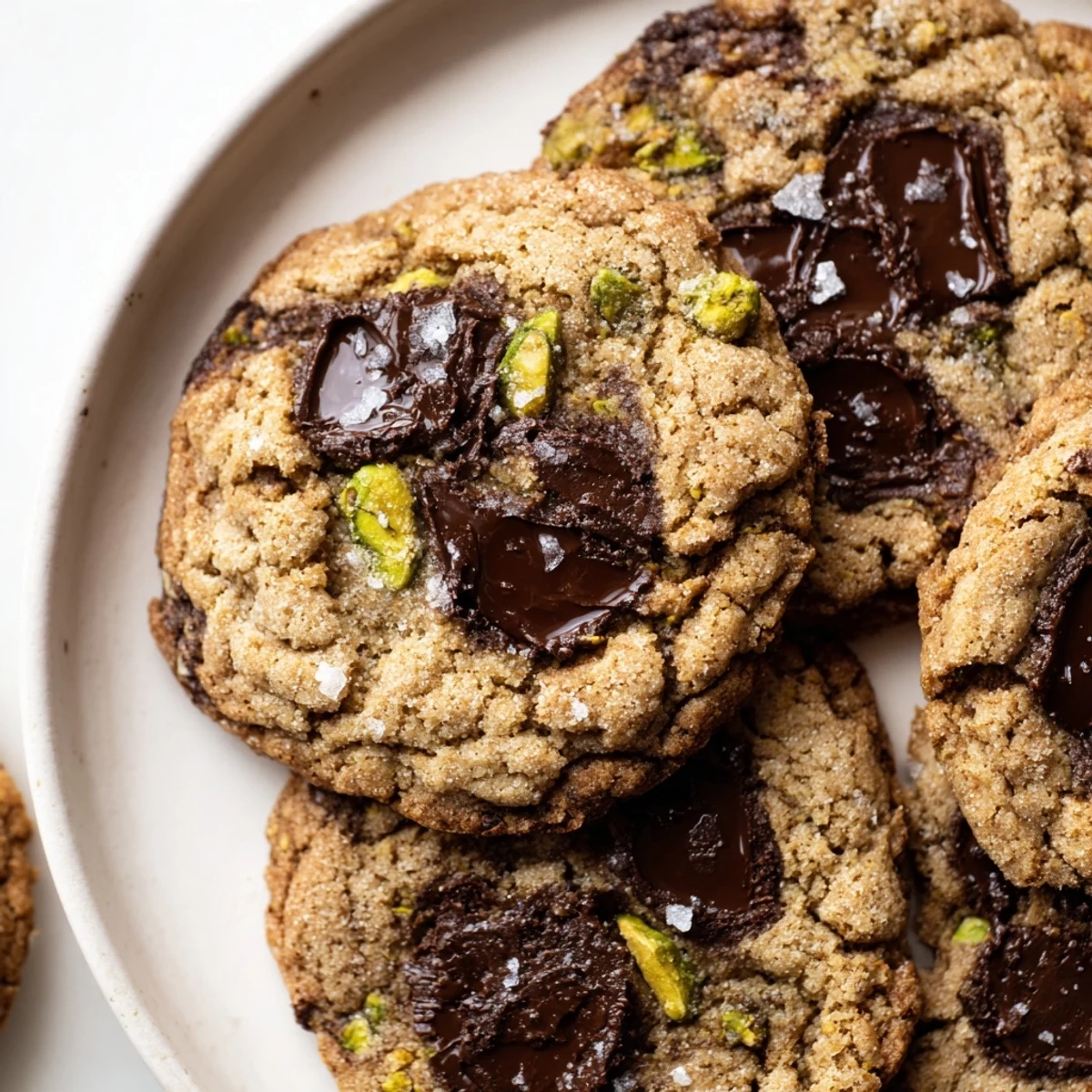 Golden gluten-free dark chocolate pistachio butter crisp cookies studded with chocolate chunks on parchment paper