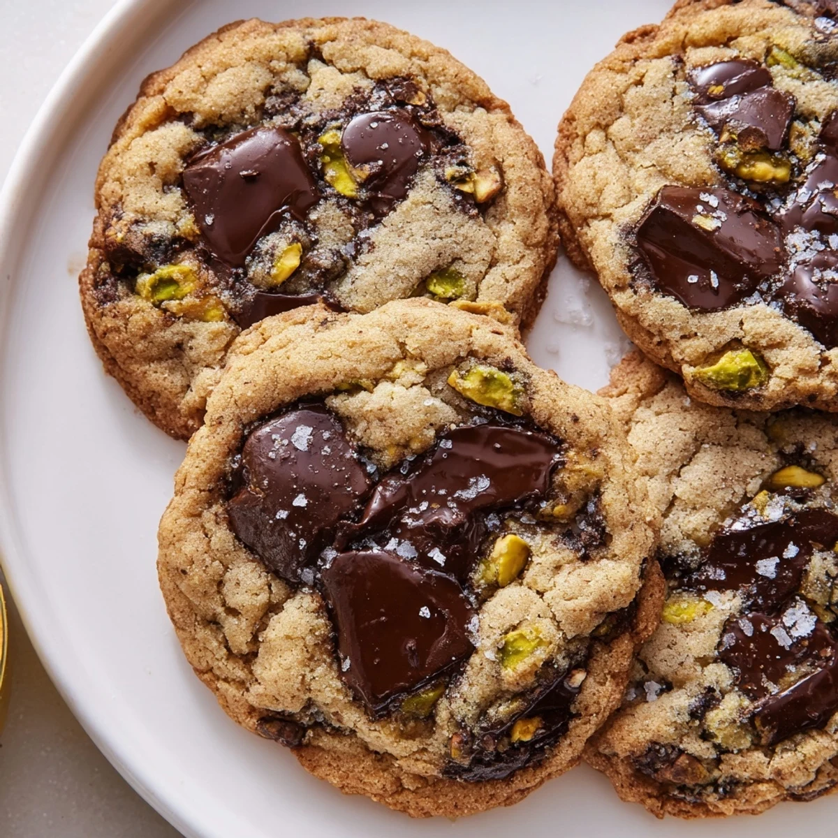 Crispy gluten-free dark chocolate pistachio butter crisp cookies cooling on a wire rack with melted chocolate