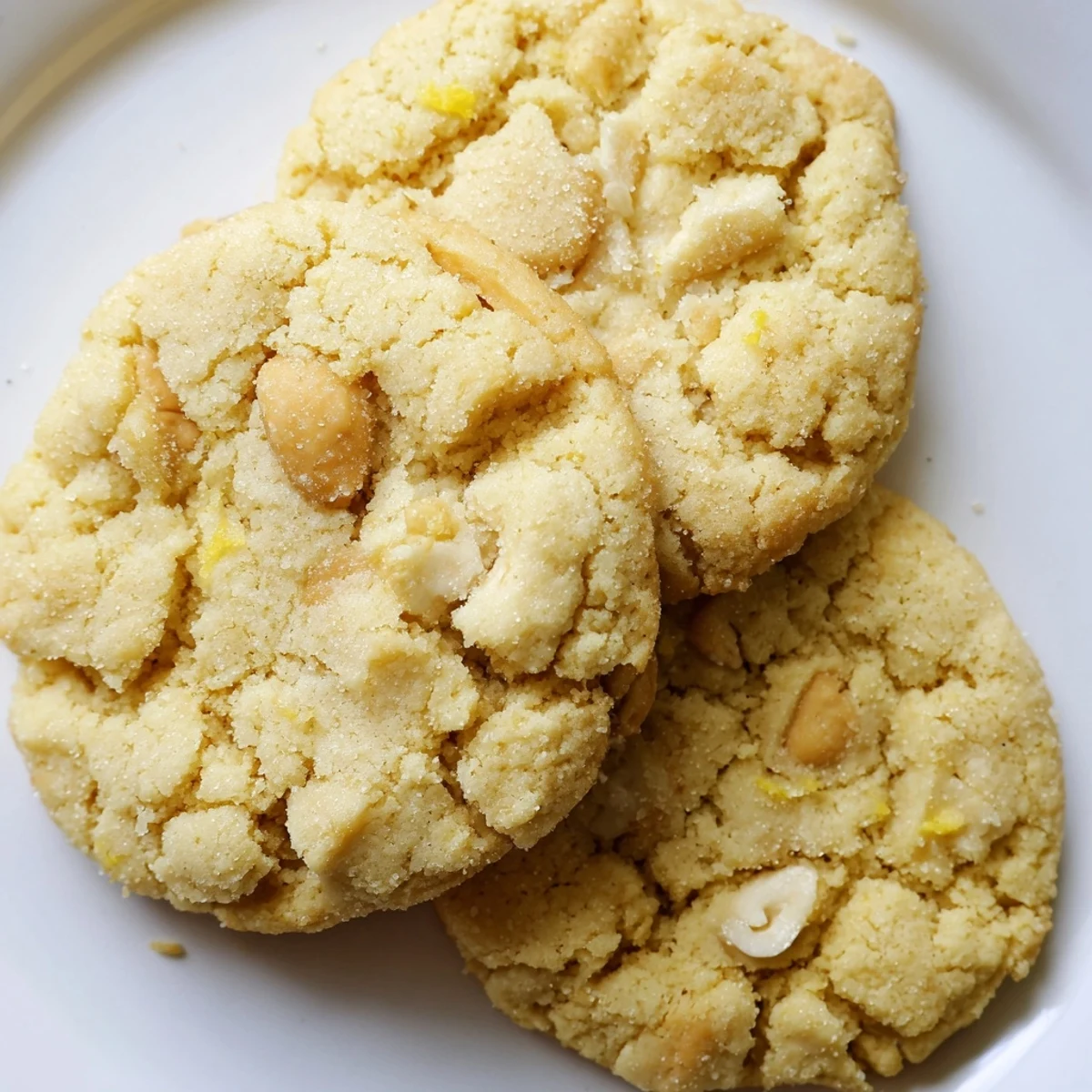 Golden gluten-free lemon cashew crunch cookies with cracked sugar tops on a rustic baking sheet