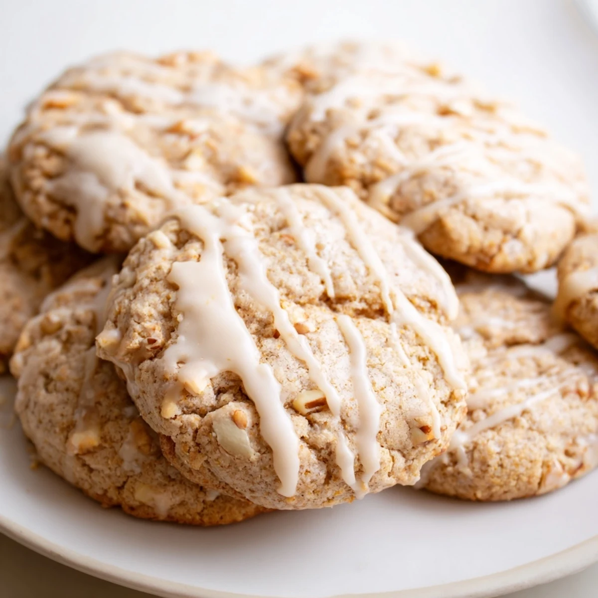 Golden Keto Vanilla Almond Butter Drizzle Cookies stacked on a rustic white plate