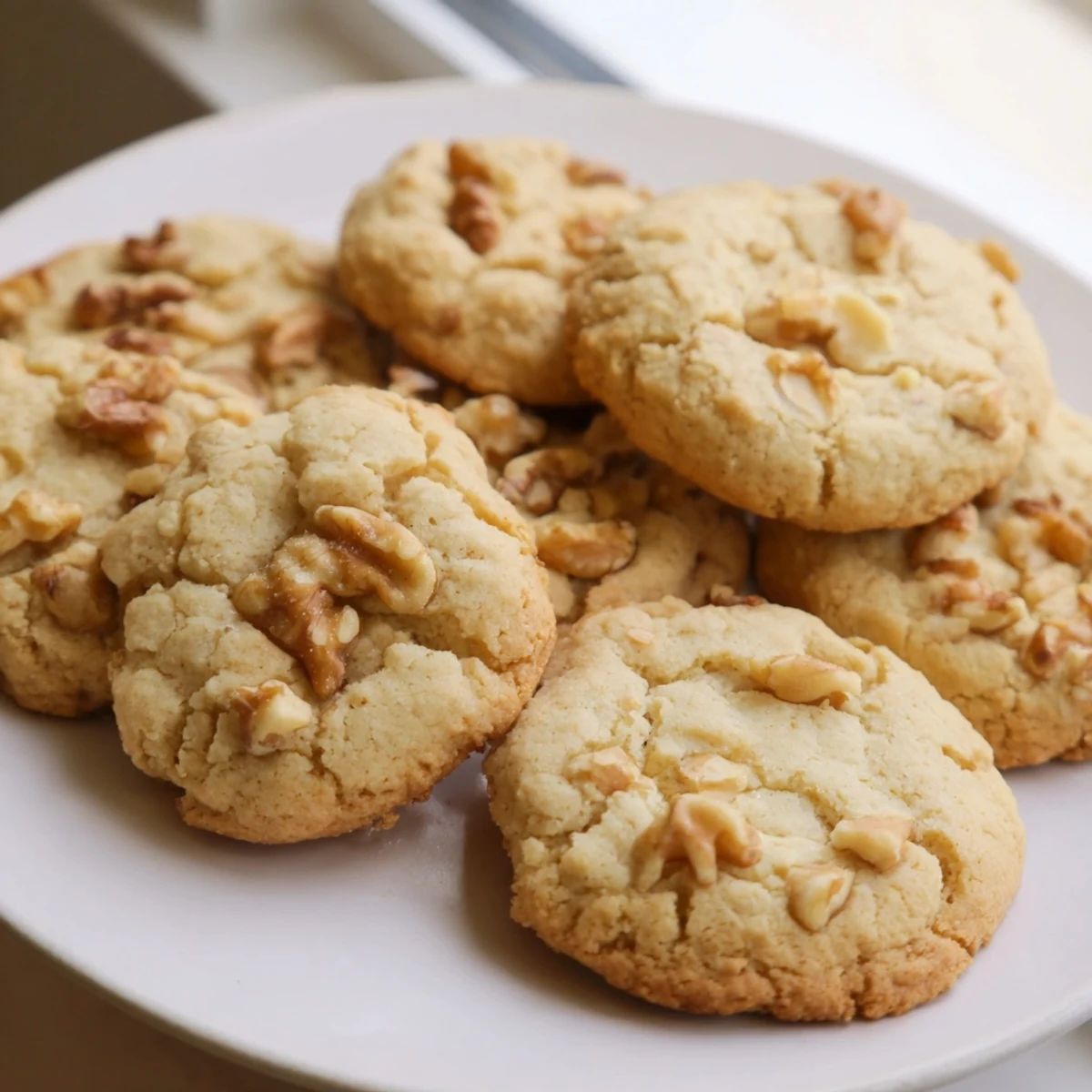 Golden keto maple walnut butter crisp cookies cooling on a rustic parchment-lined baking sheet