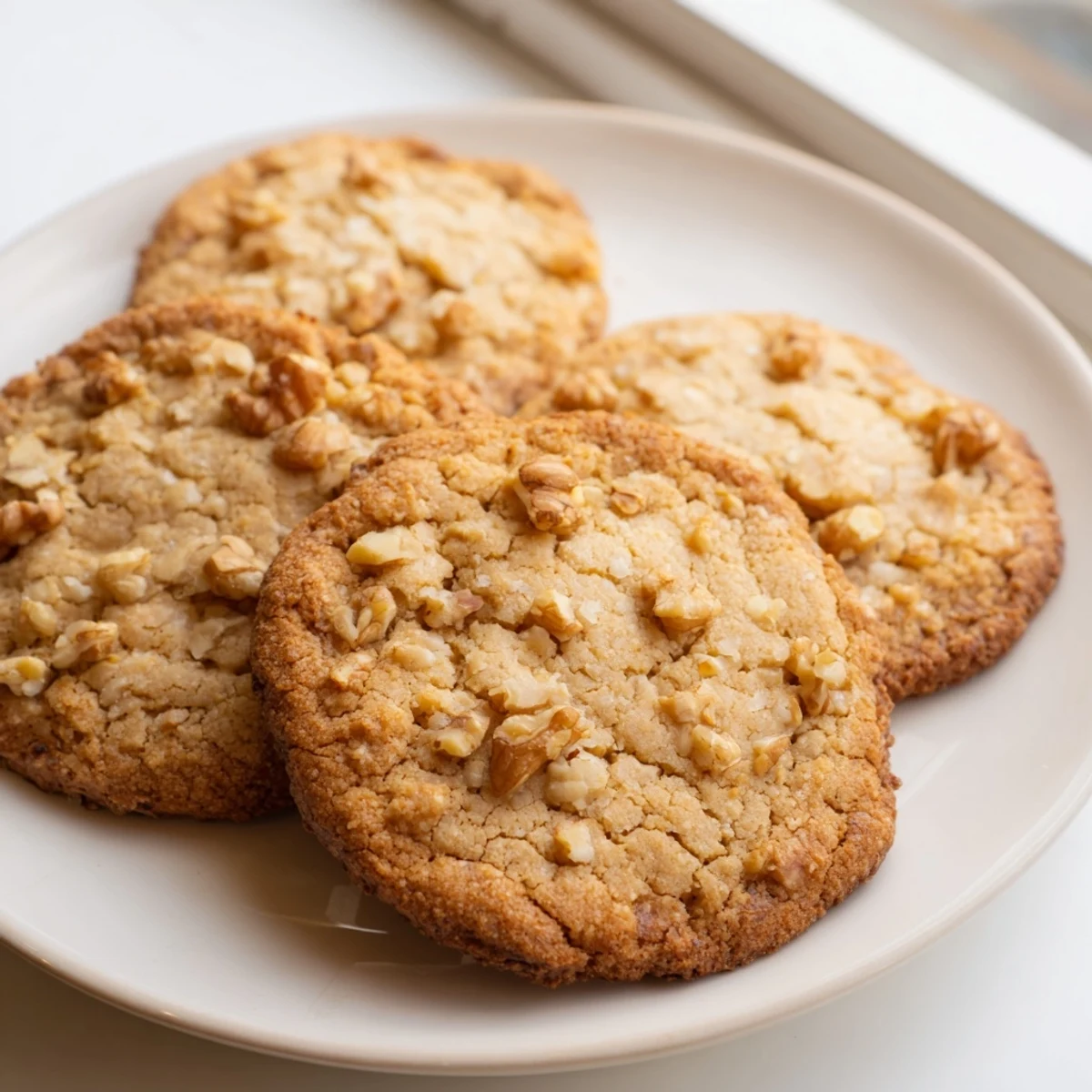 Crunchy chopped walnut pieces topping warm keto maple walnut butter crisp cookies stacked together