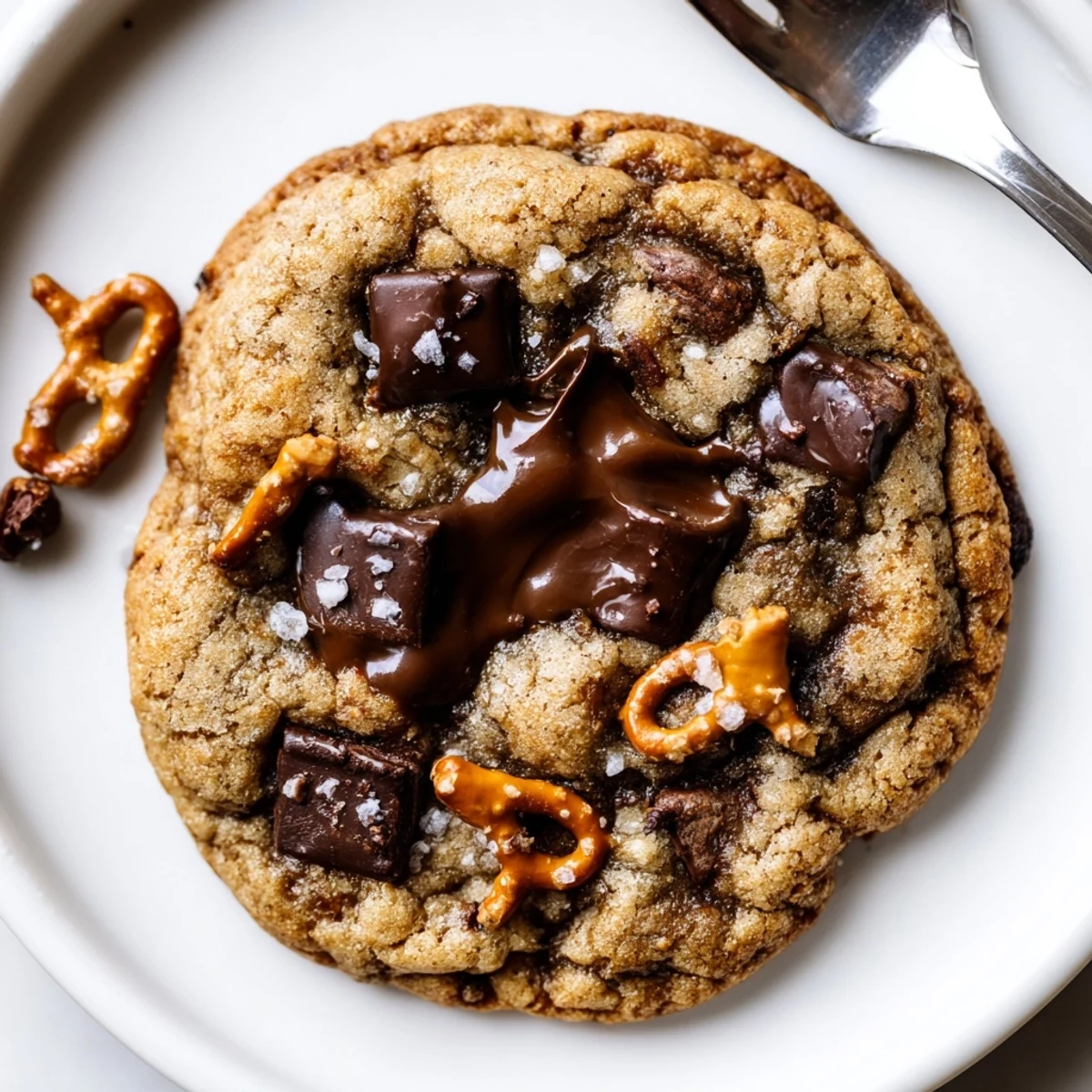 Gooey brown butter salted caramel pretzel cookies with pools of melted chocolate on parchment paper