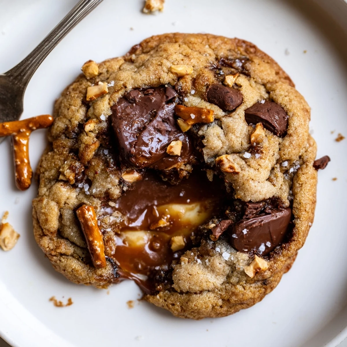 Golden chewy brown butter salted caramel pretzel honey chocolate chip cookies stacked on a rustic plate