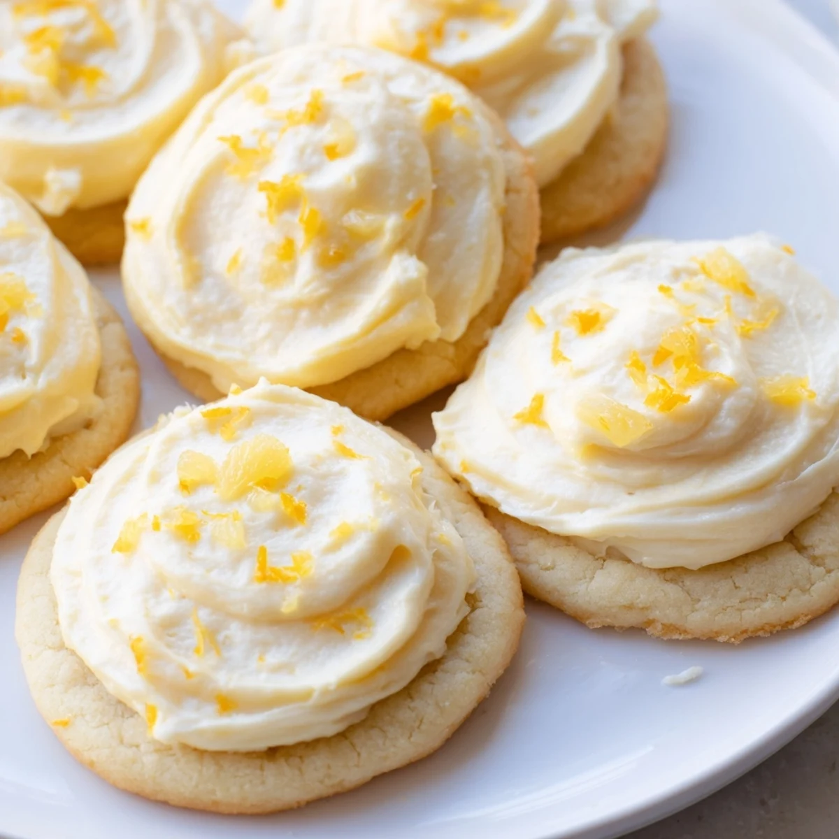 Golden vegan pineapple orange cream sugar cookies topped with swirls of creamy citrus frosting on a rustic baking sheet.