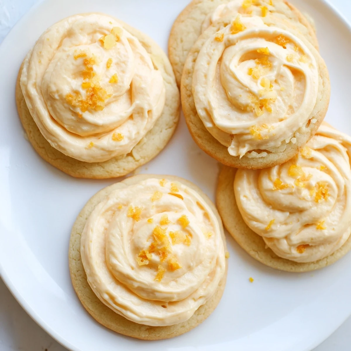 Soft vegan pineapple orange cream sugar cookies garnished with fresh orange zest on a white ceramic plate.