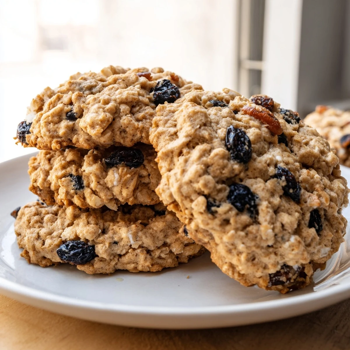 Golden vegan blueberry orange cream oatmeal raisin cookies fresh from the oven on parchment paper